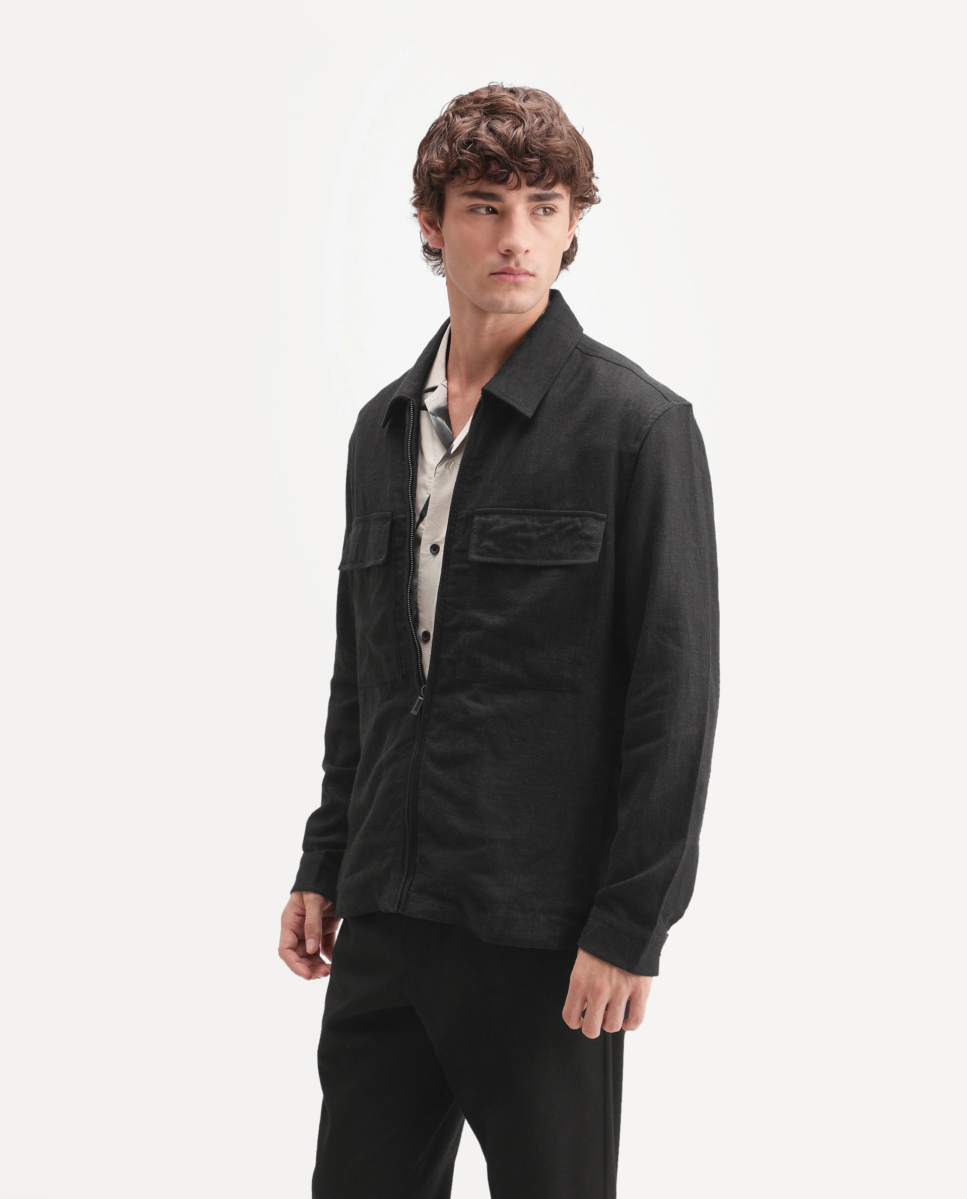 Rare Rabbit Men's Jomo-T-Aw26 Black Linen Blend Spread Collar Zipper Regular Plain Shacket