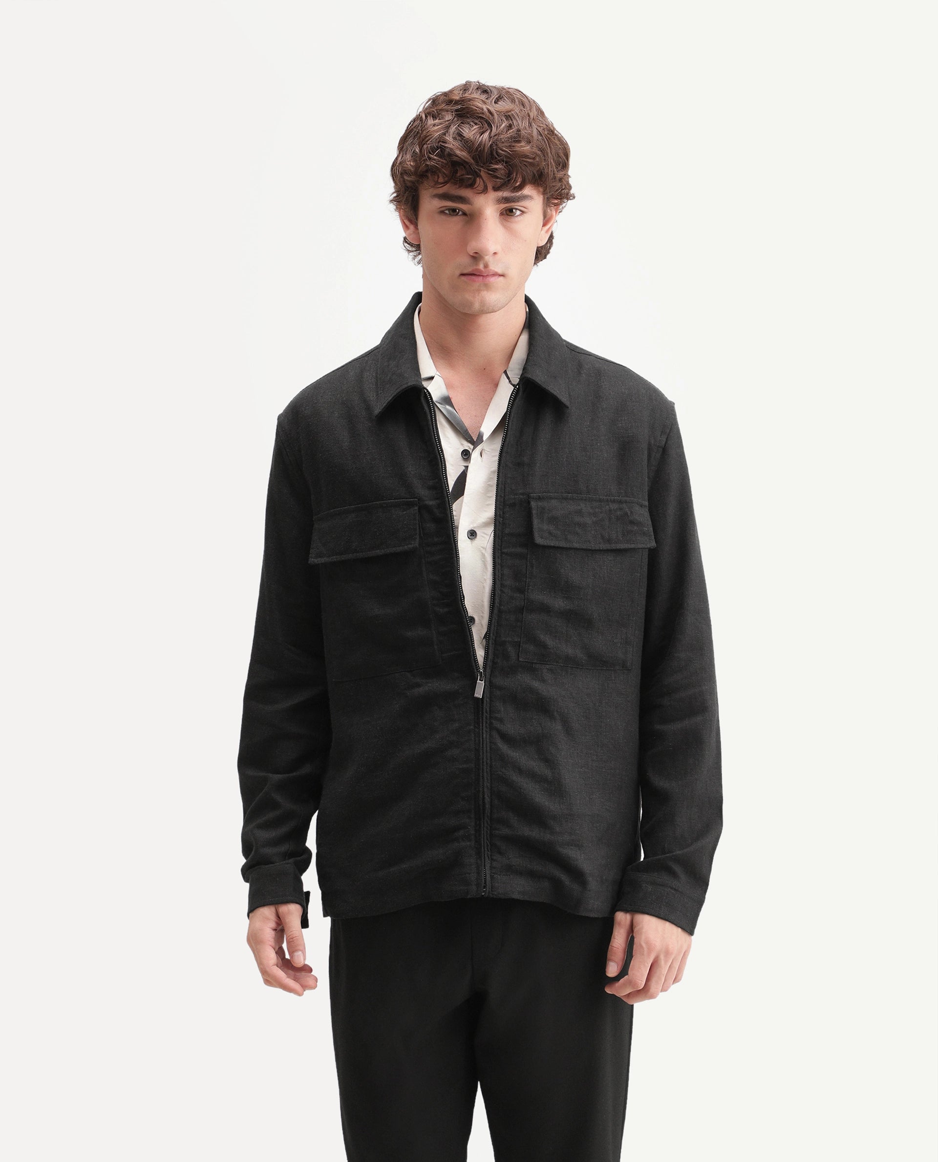 Rare Rabbit Men's Jomo-T-Aw26 Black Linen Blend Spread Collar Zipper Regular Plain Shacket