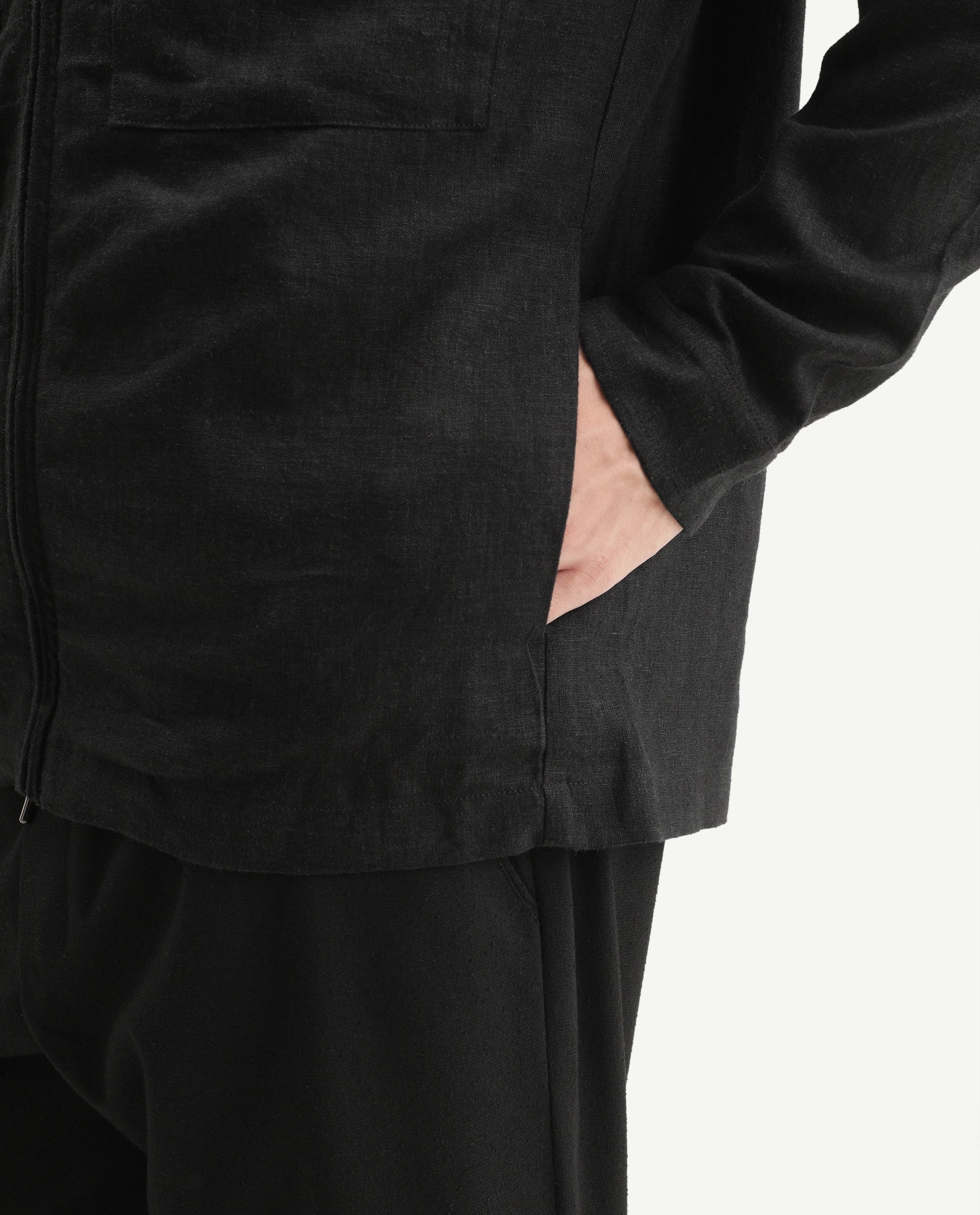Rare Rabbit Men's Jomo-T-Aw26 Black Linen Blend Spread Collar Zipper Regular Plain Shacket