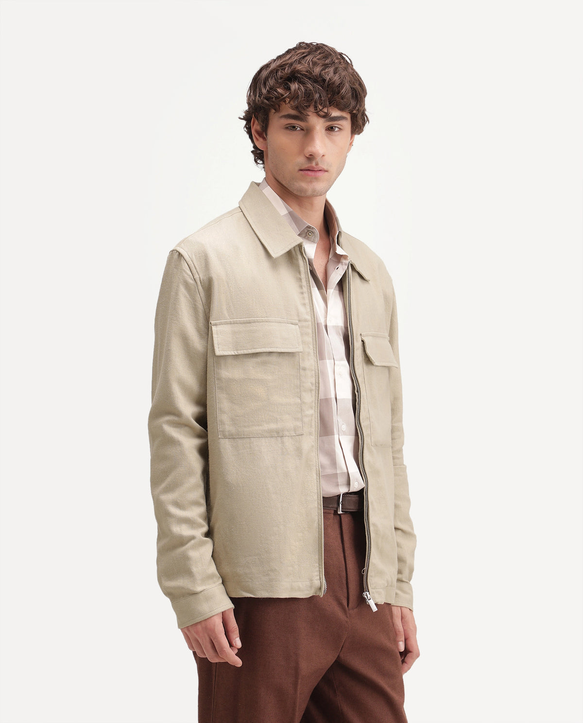 Rare Rabbit Men's Jomo-T-Aw26 Beige Linen Blend Spread Collar Relaxed Plain Shacket