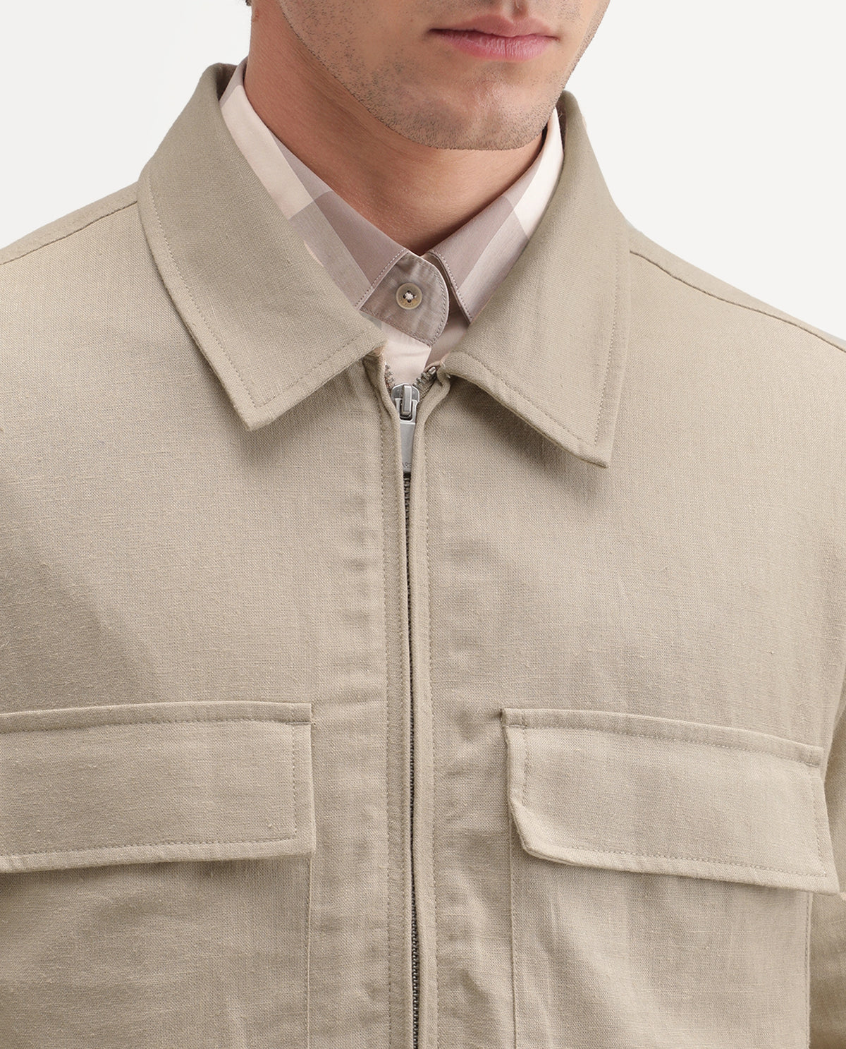 Rare Rabbit Men's Jomo-T-Aw26 Beige Linen Blend Spread Collar Relaxed Plain Shacket