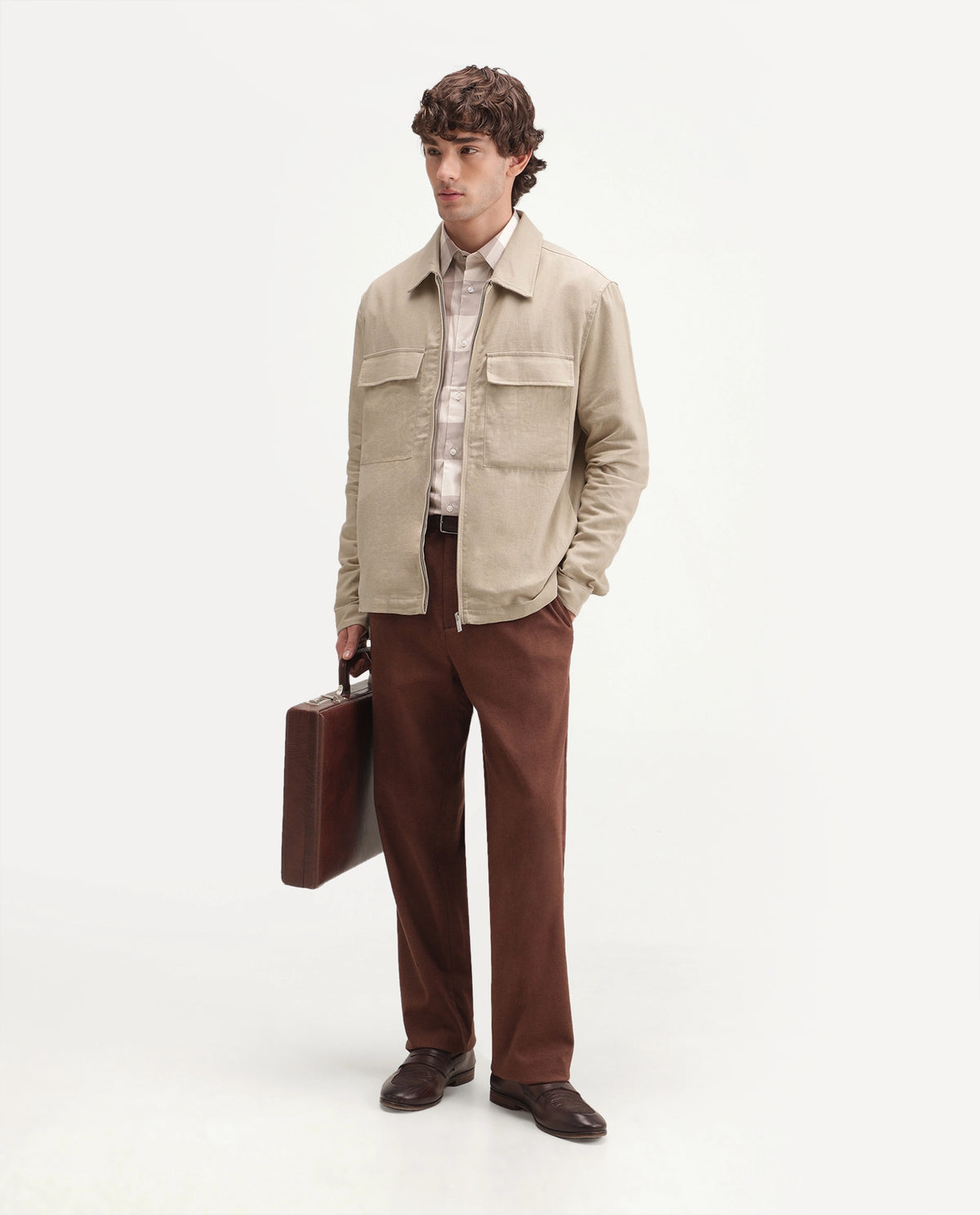 Rare Rabbit Men's Jomo-T-Aw26 Beige Linen Blend Spread Collar Relaxed Plain Shacket