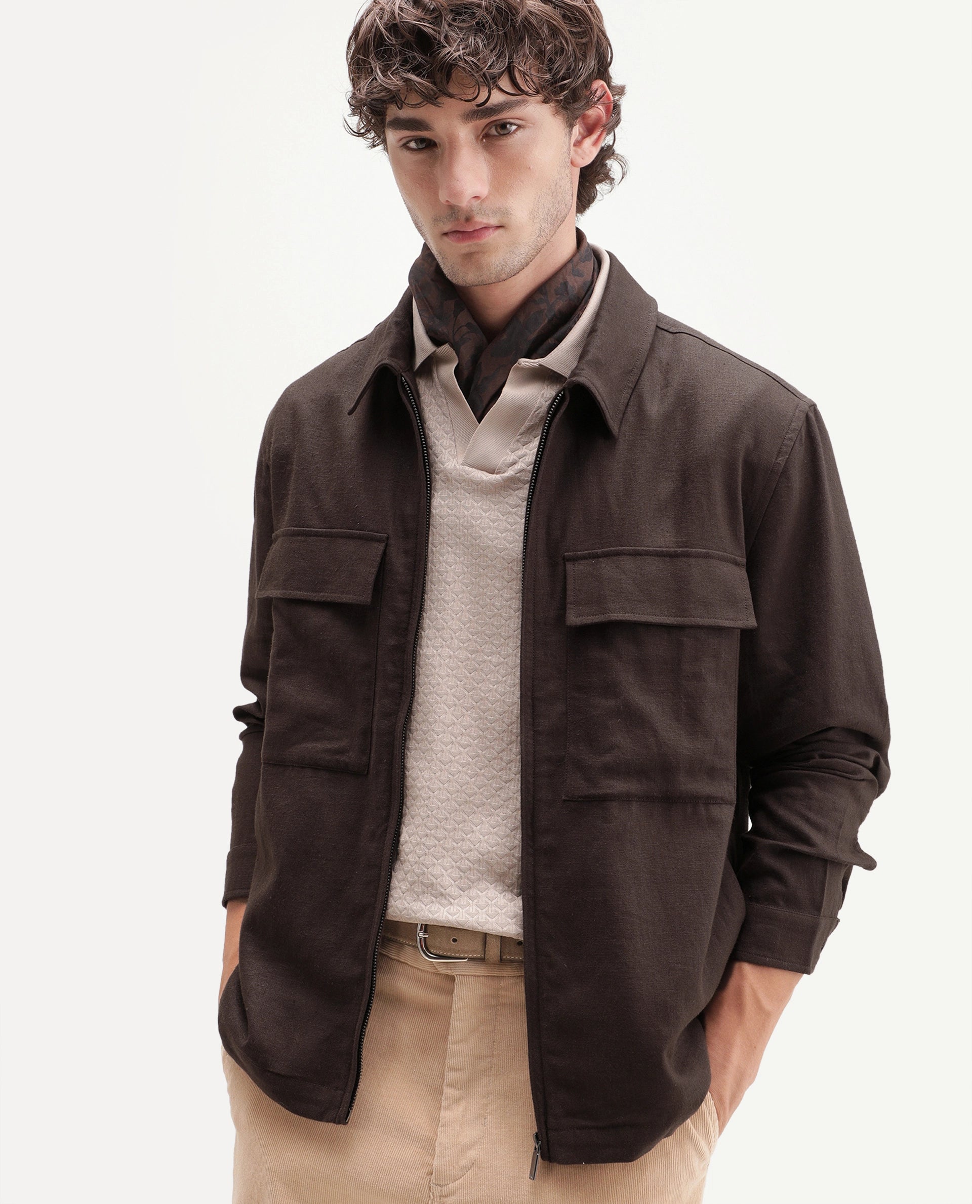 Rare Rabbit Men's Jomo-T-Aw26 Brown Linen Blend Spread Collar Relaxed Plain Shacket
