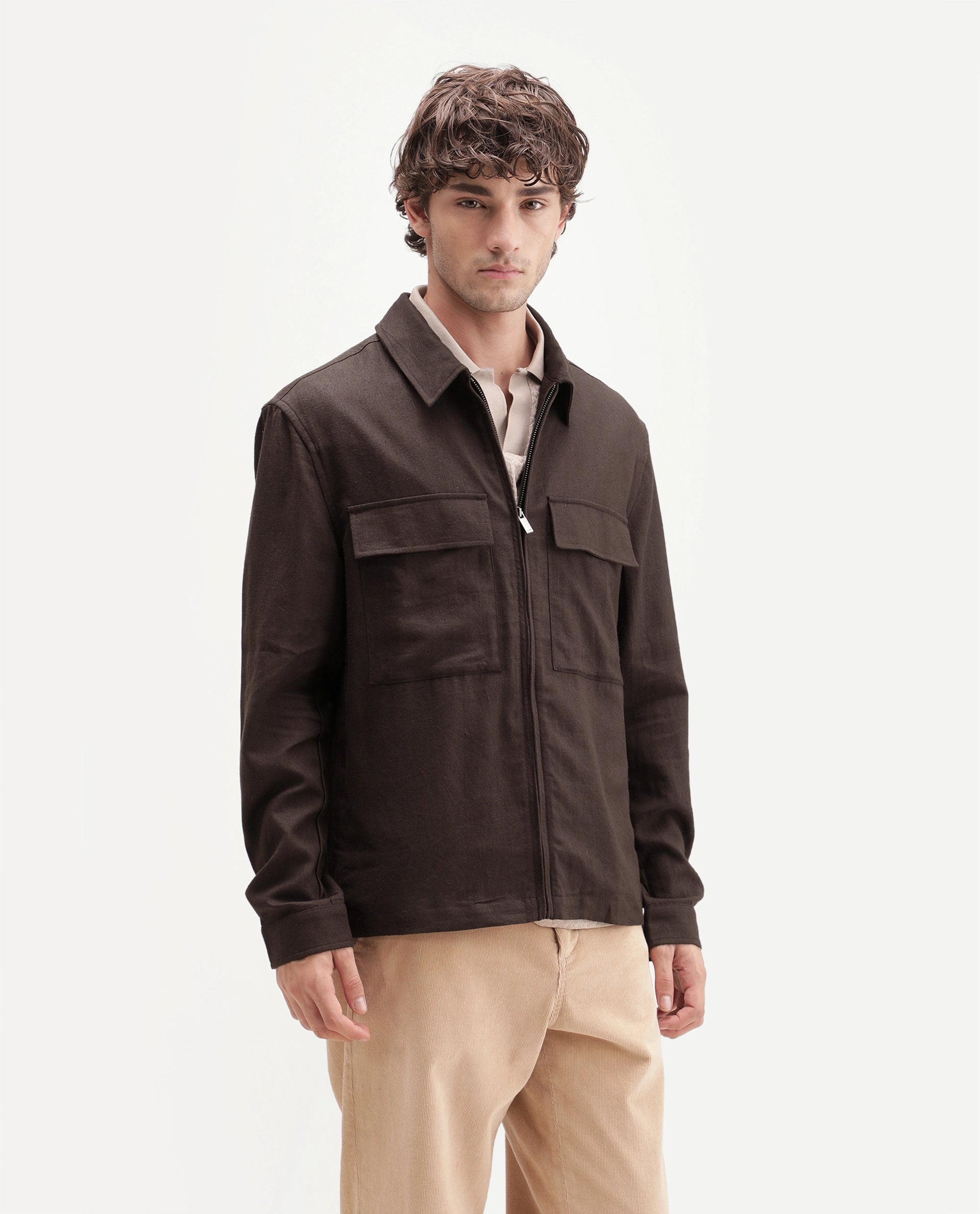 Rare Rabbit Men's Jomo-T-Aw26 Brown Linen Blend Spread Collar Relaxed Plain Shacket