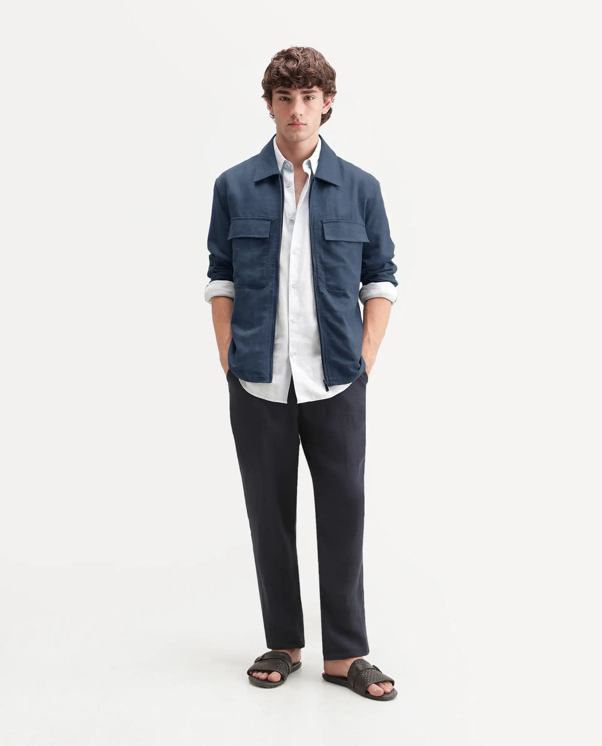 Rare Rabbit Men's Jomo-T-Aw26 Dusky Blue Linen Blend Spread Collar Relaxed Plain Shacket