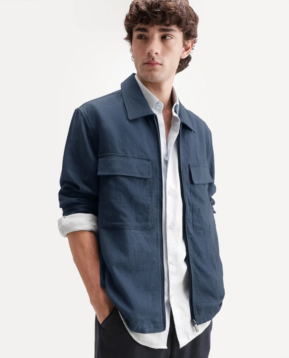 Rare Rabbit Men's Jomo-T-Aw26 Dusky Blue Linen Blend Spread Collar Relaxed Plain Shacket