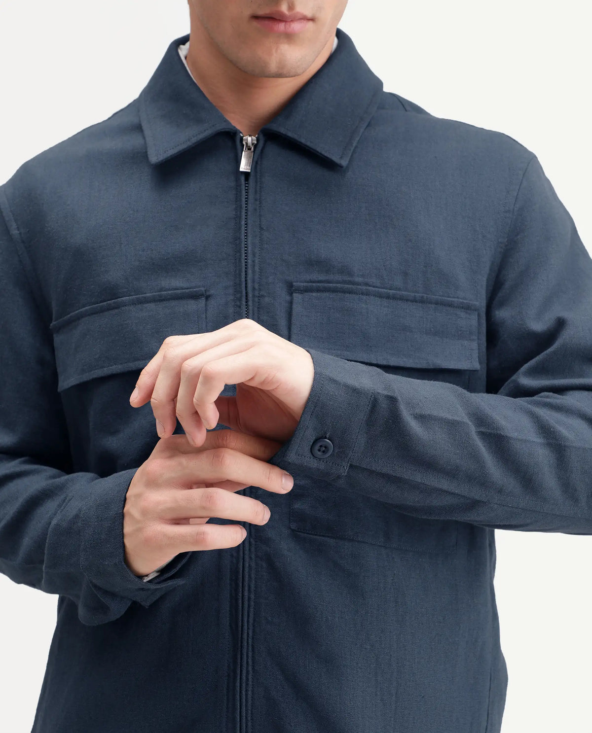 Rare Rabbit Men's Jomo-T-Aw26 Dusky Blue Linen Blend Spread Collar Relaxed Plain Shacket