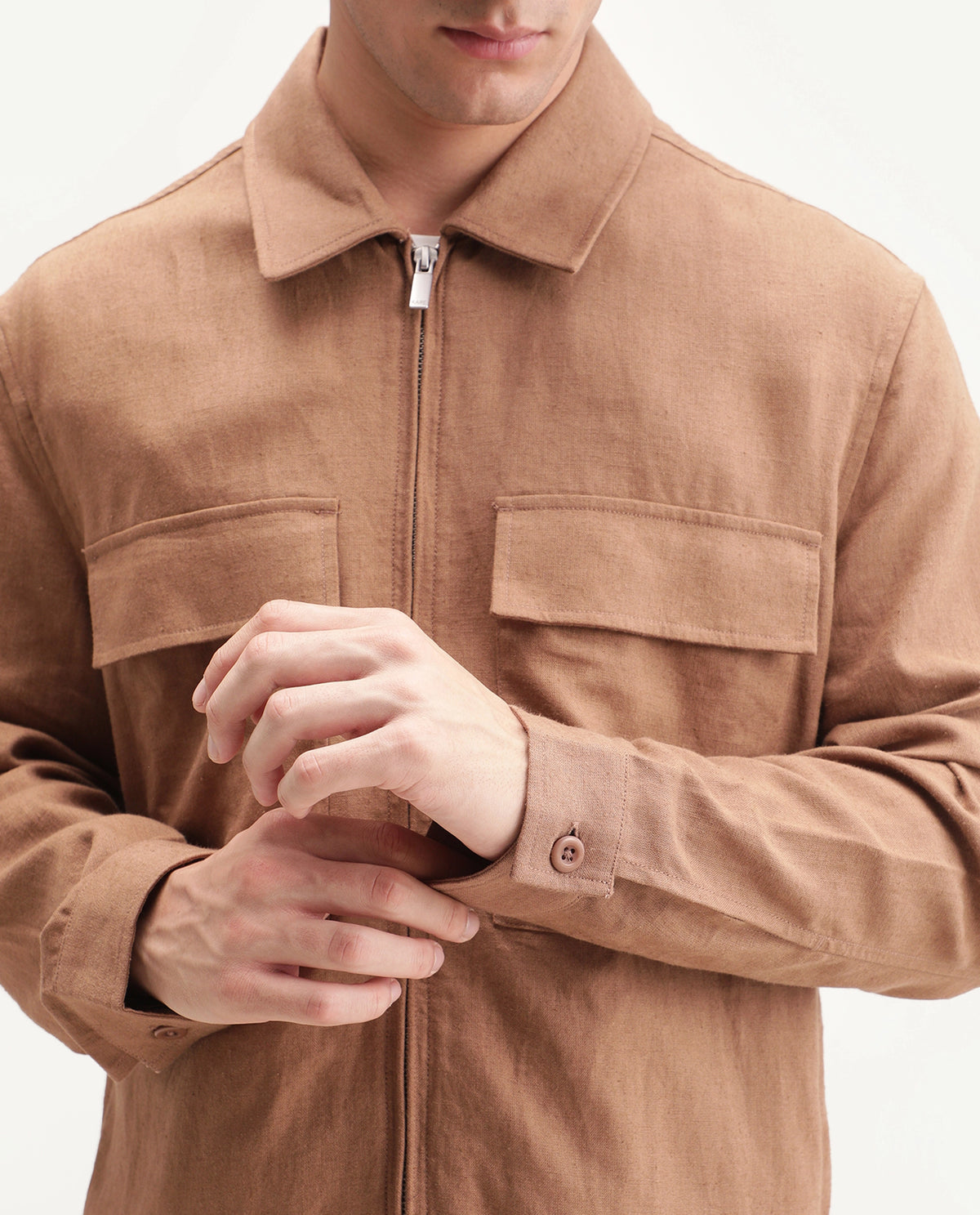 Rare Rabbit Men's Jomo-T-Aw26 Dusky Mustard Linen Blend Spread Collar Relaxed Plain Shacket