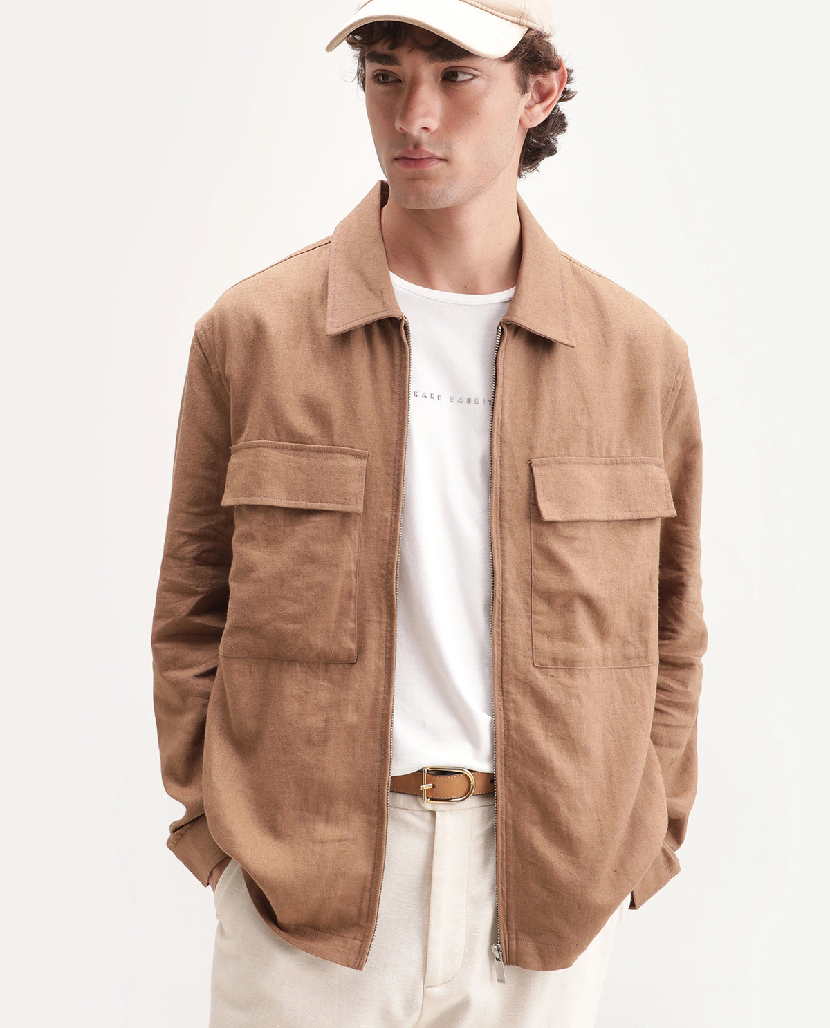 Rare Rabbit Men's Jomo-T-Aw26 Dusky Mustard Linen Blend Spread Collar Relaxed Plain Shacket