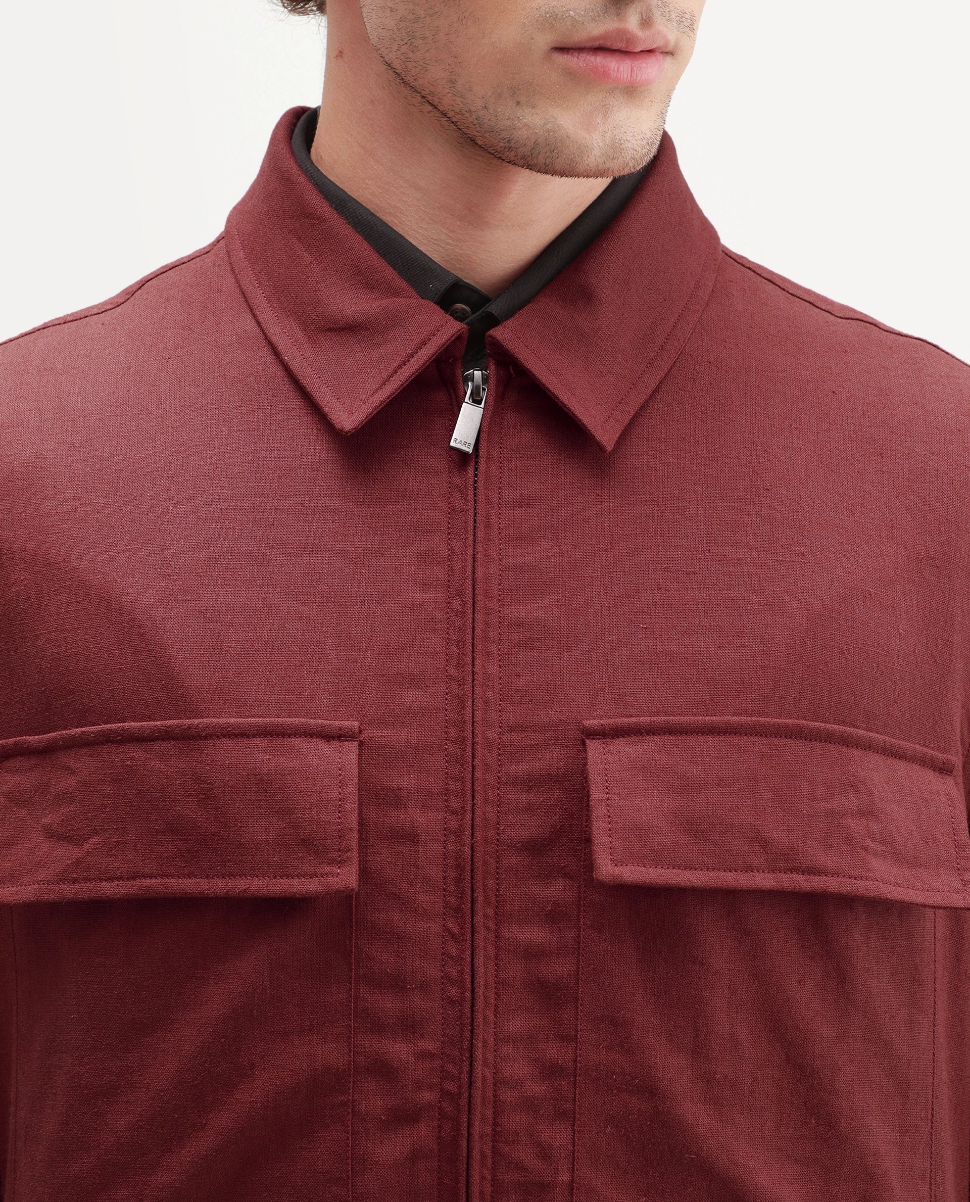 Rare Rabbit Men's Jomo-T-Aw26 Red Linen Blend Spread Collar Zipper Regular Plain Shacket