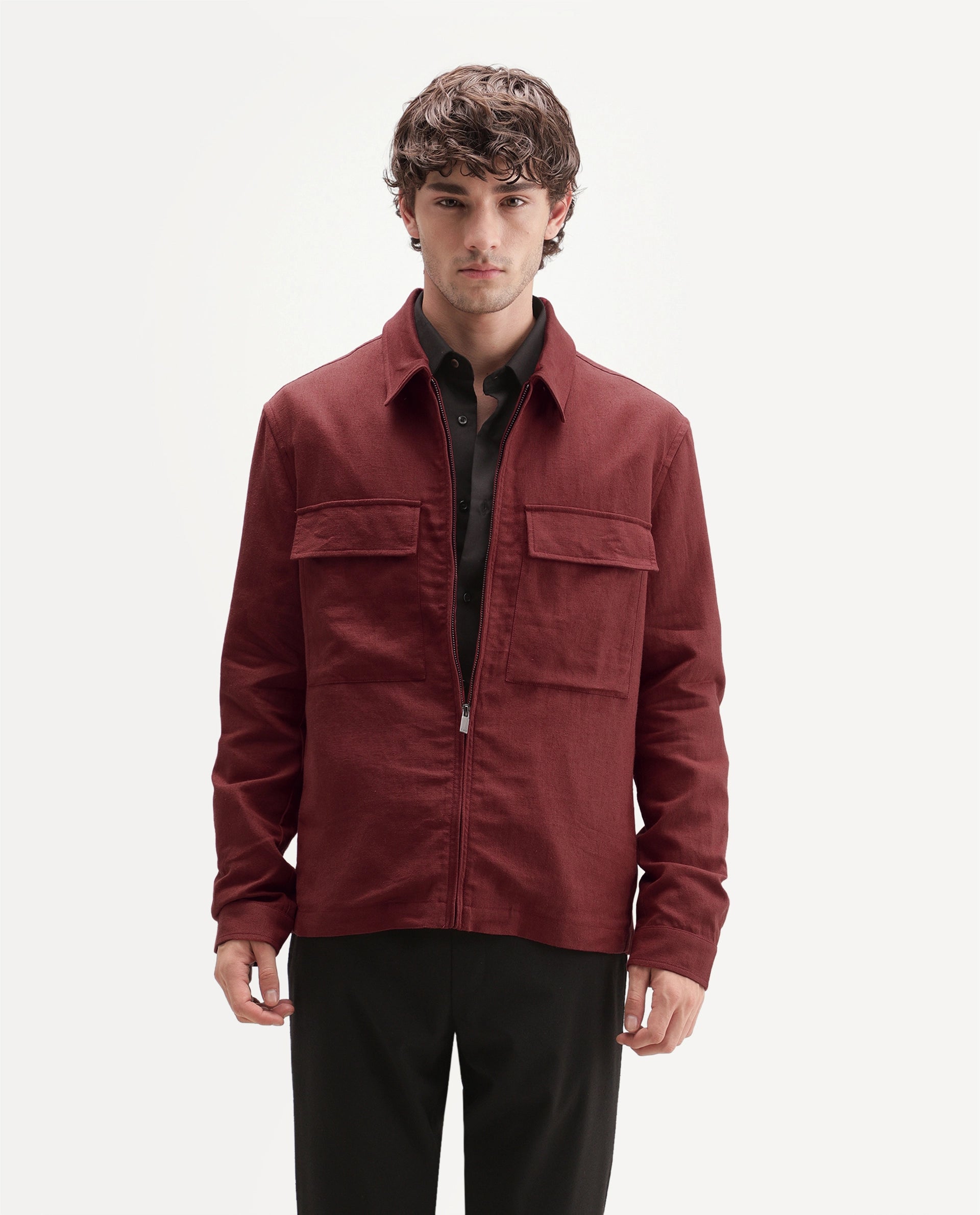 Rare Rabbit Men's Jomo-T-Aw26 Red Linen Blend Spread Collar Zipper Regular Plain Shacket