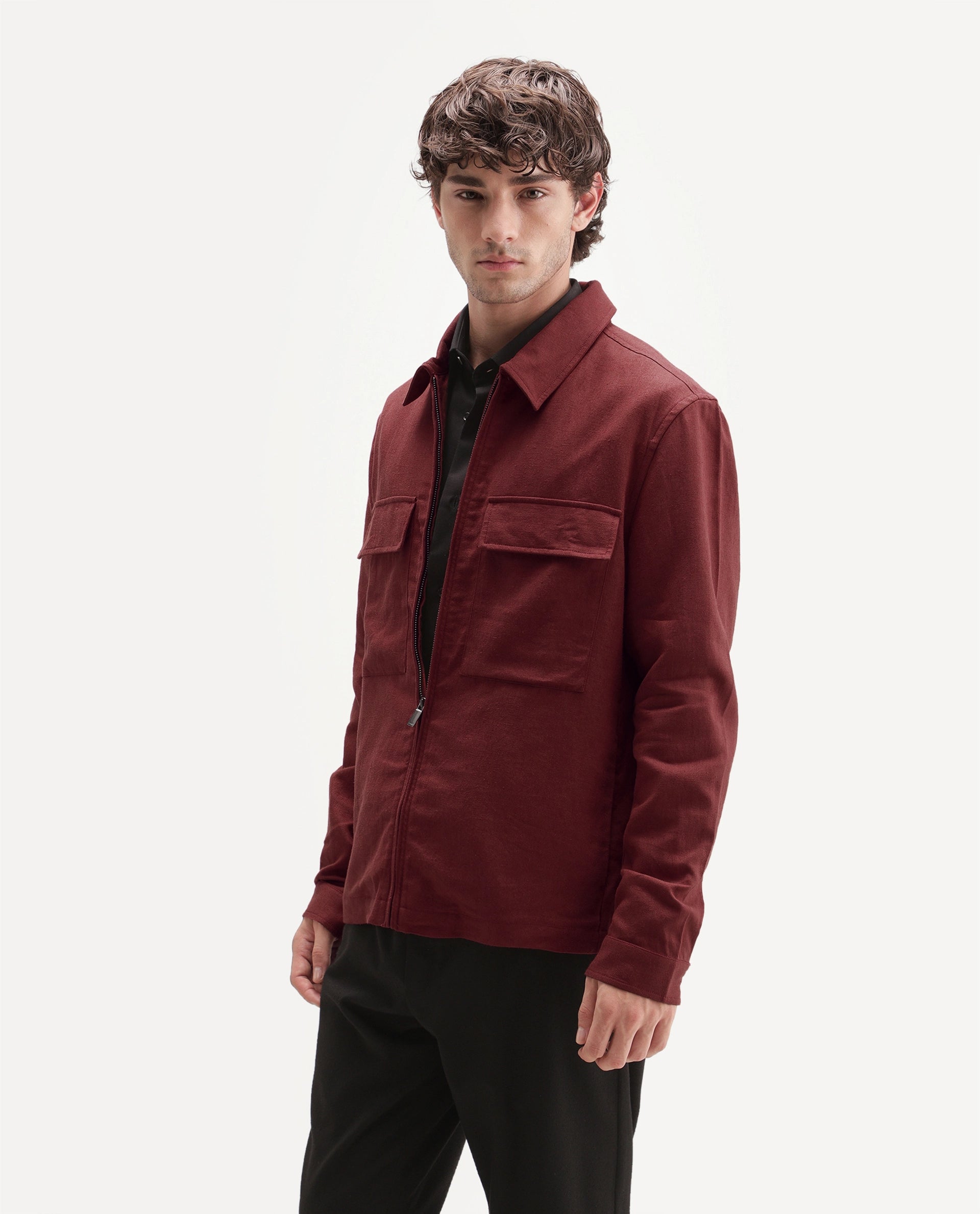 Rare Rabbit Men's Jomo-T-Aw26 Red Linen Blend Spread Collar Zipper Regular Plain Shacket