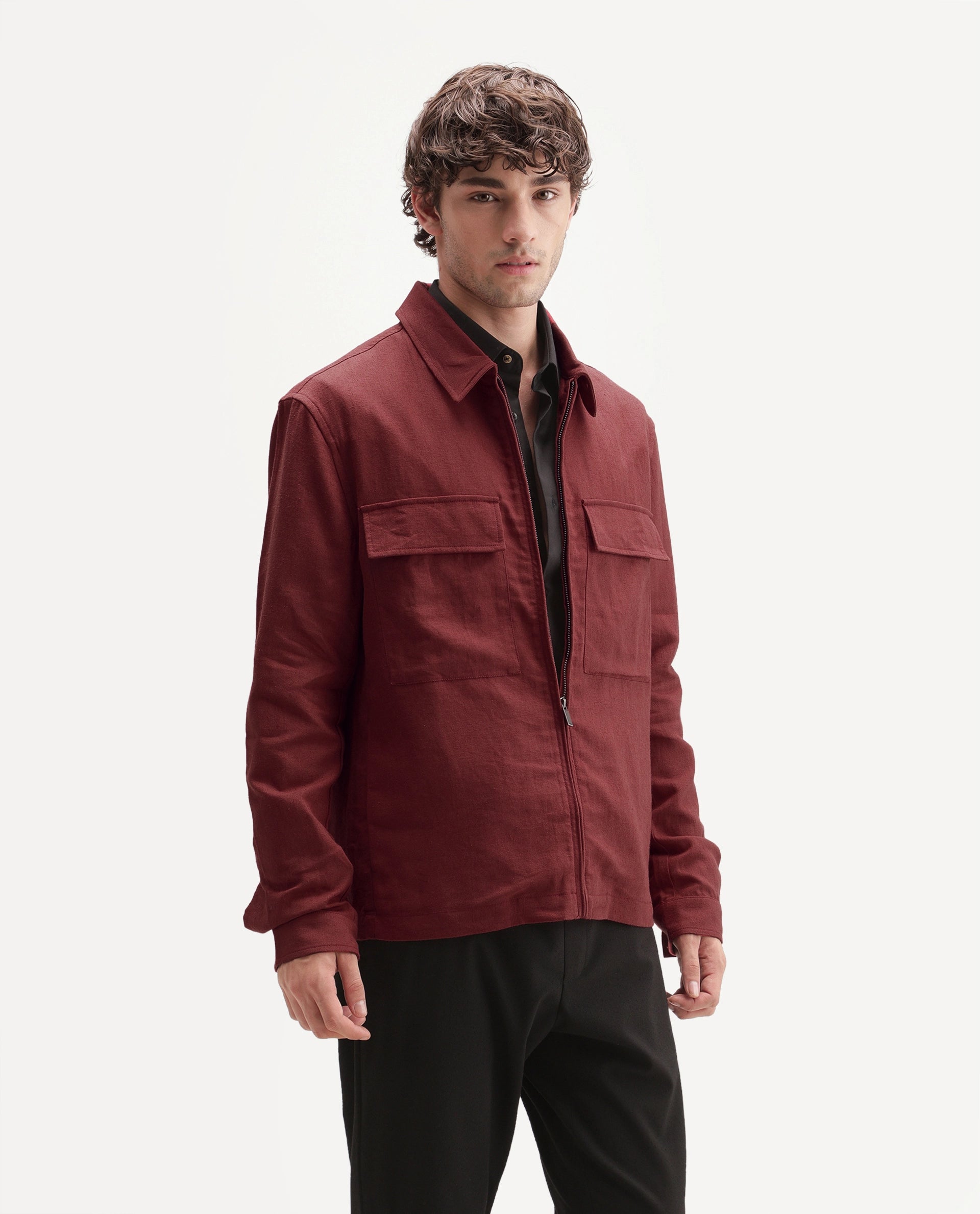 Rare Rabbit Men's Jomo-T-Aw26 Red Linen Blend Spread Collar Zipper Regular Plain Shacket