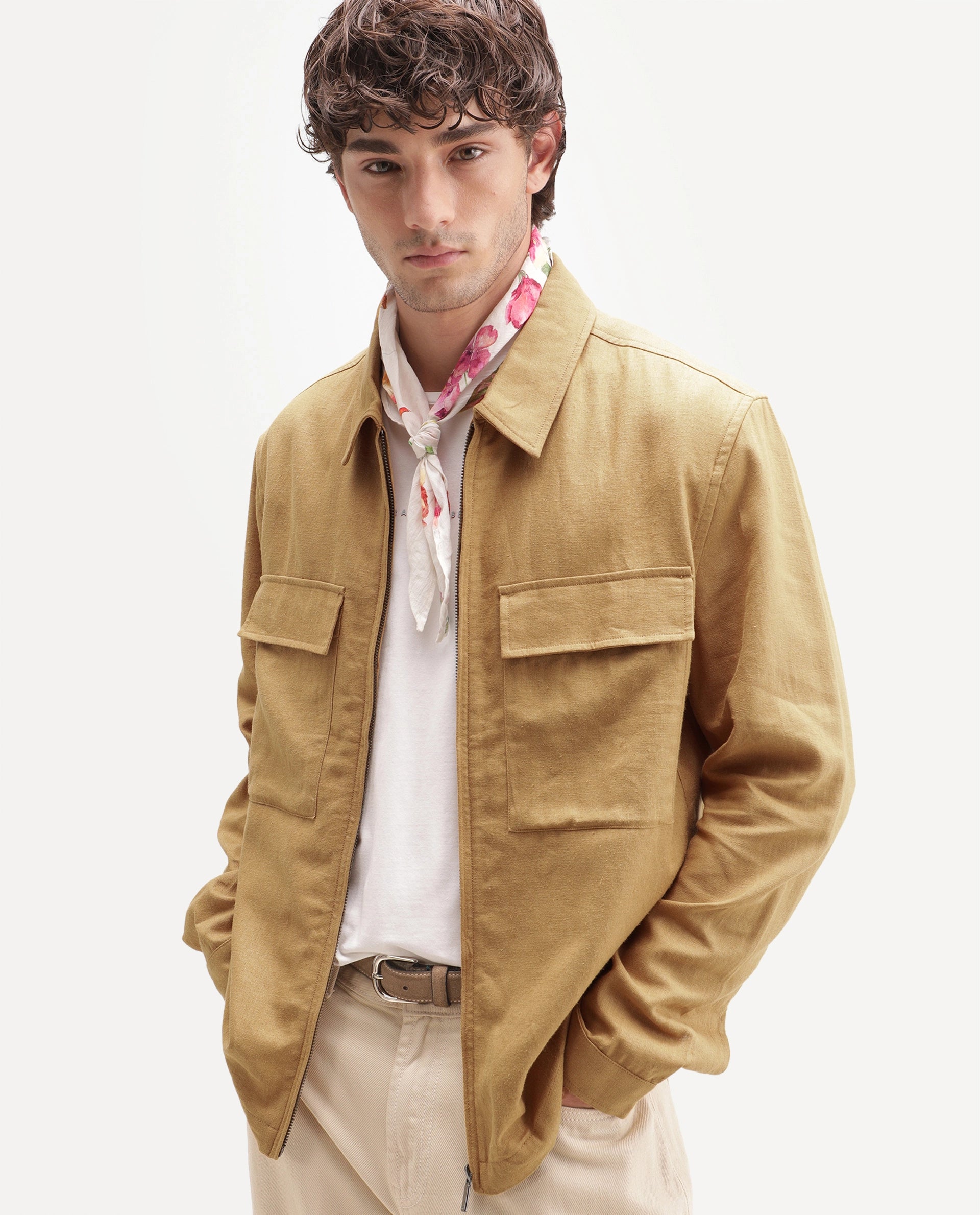 Rare Rabbit Men's Jomo-T-Aw26 Mustard Linen Blend Spread Collar Relaxed Plain Shacket