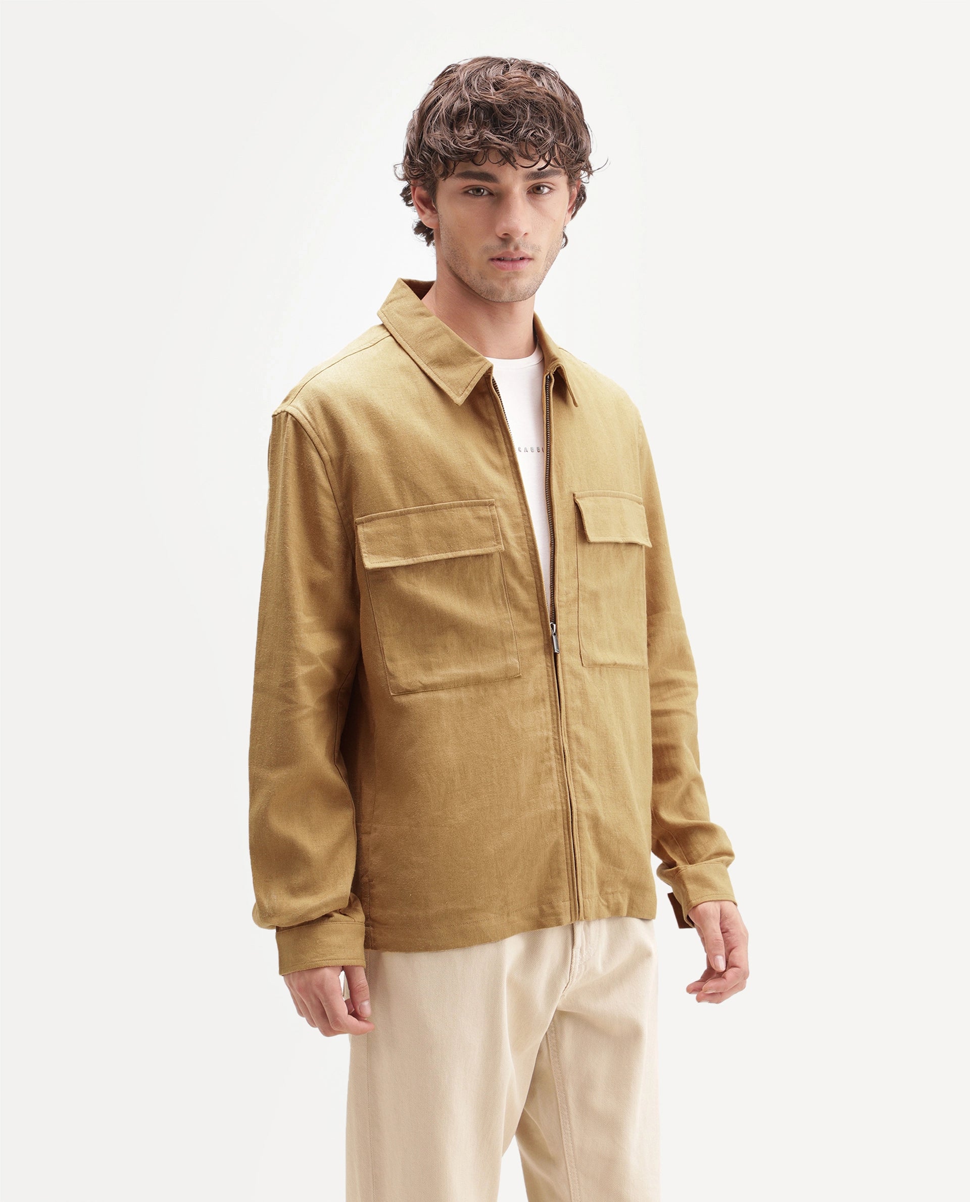 Rare Rabbit Men's Jomo-T-Aw26 Mustard Linen Blend Spread Collar Relaxed Plain Shacket