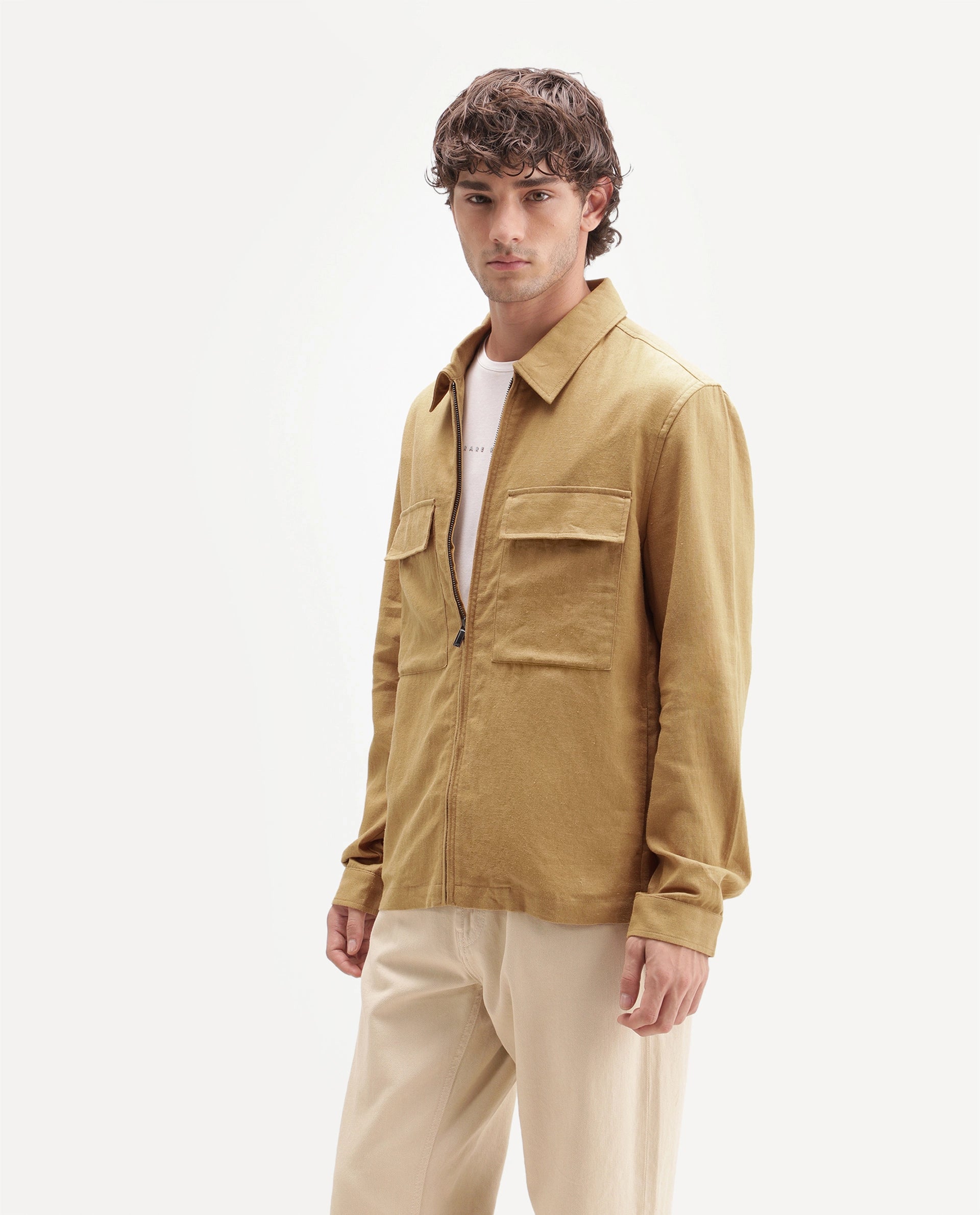 Rare Rabbit Men's Jomo-T-Aw26 Mustard Linen Blend Spread Collar Relaxed Plain Shacket