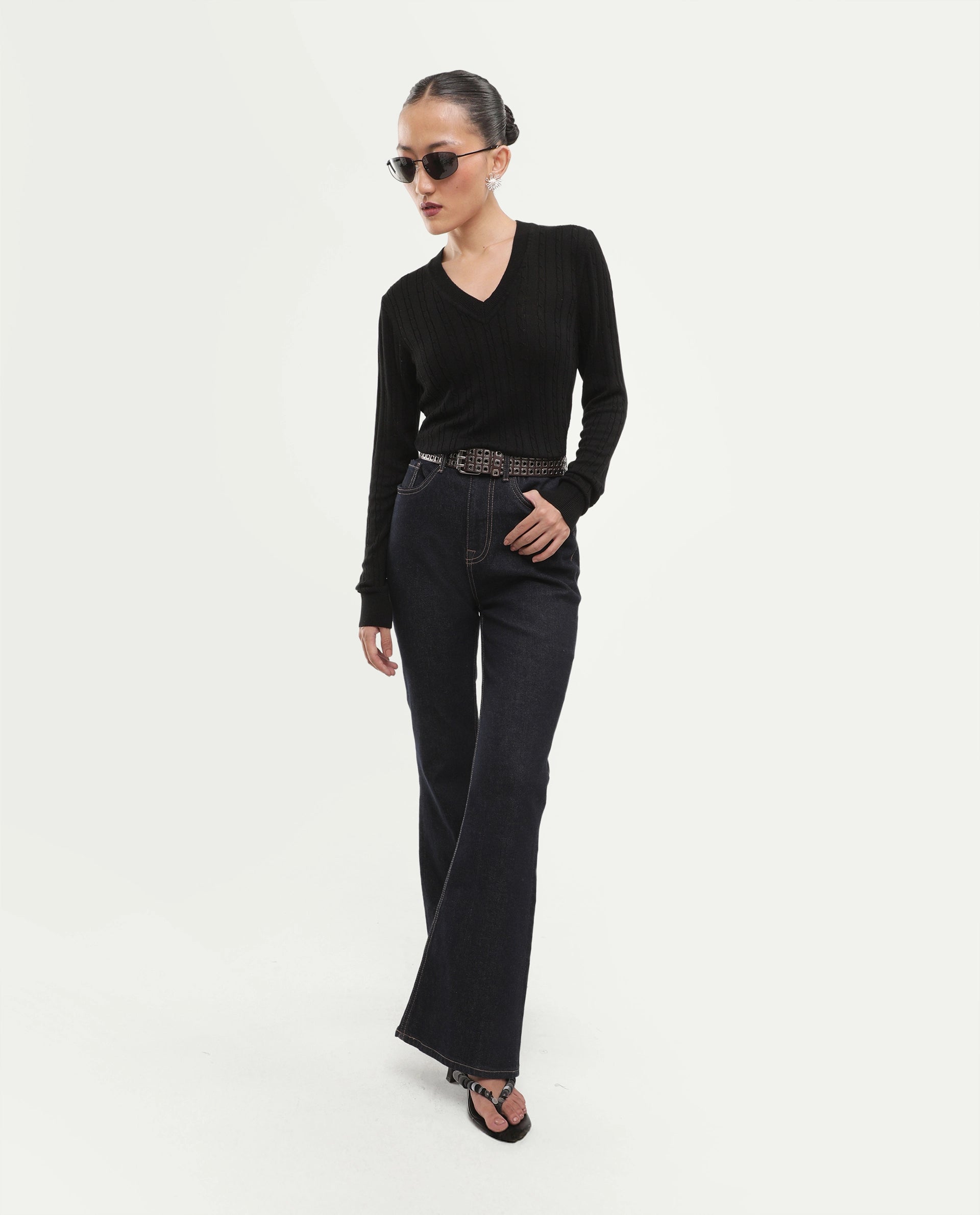 Rareism Women's Lizmit Black Viscose V-Neck Relaxed Plain Sweater