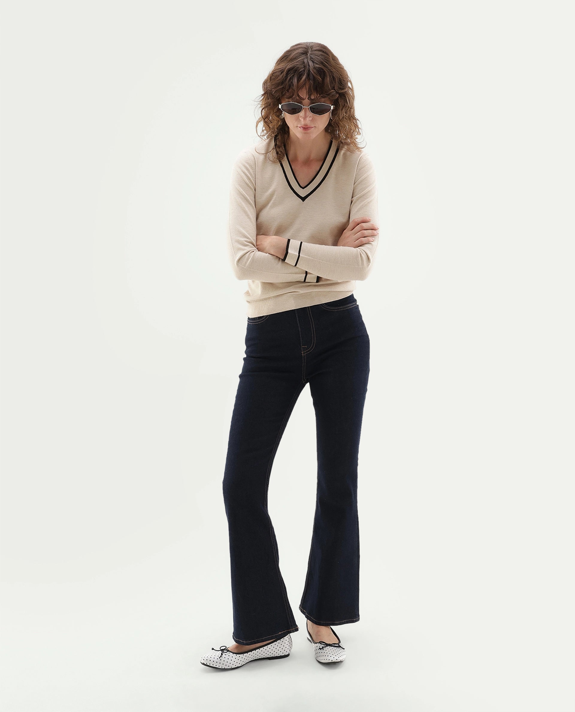 Rareism Women's Lanbo Off White Viscose Blend V-Neck Regular Plain Sweater