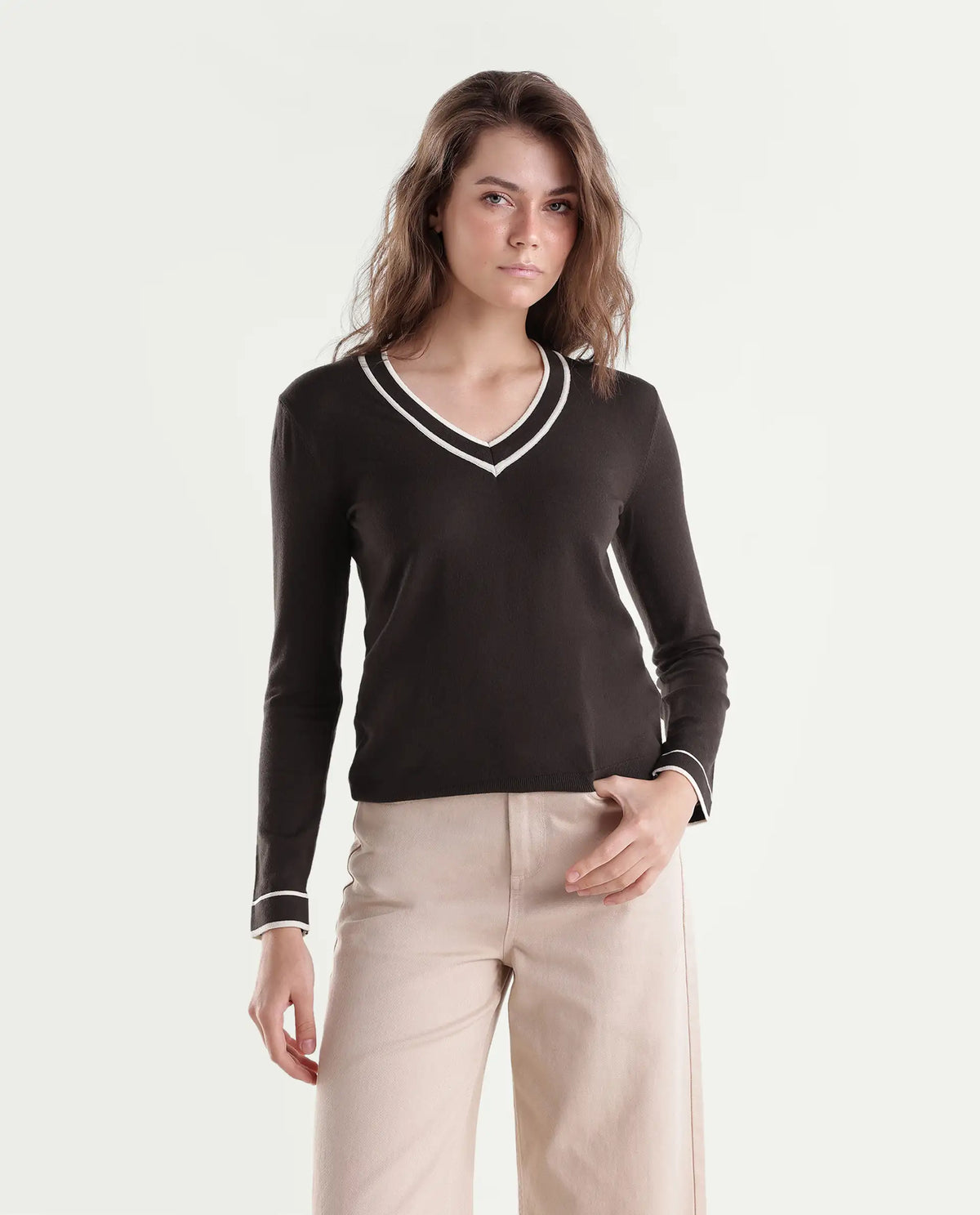 Rareism Women's Lanbo Dark Brown Viscose Blend V-Neck Regular Plain Sweater