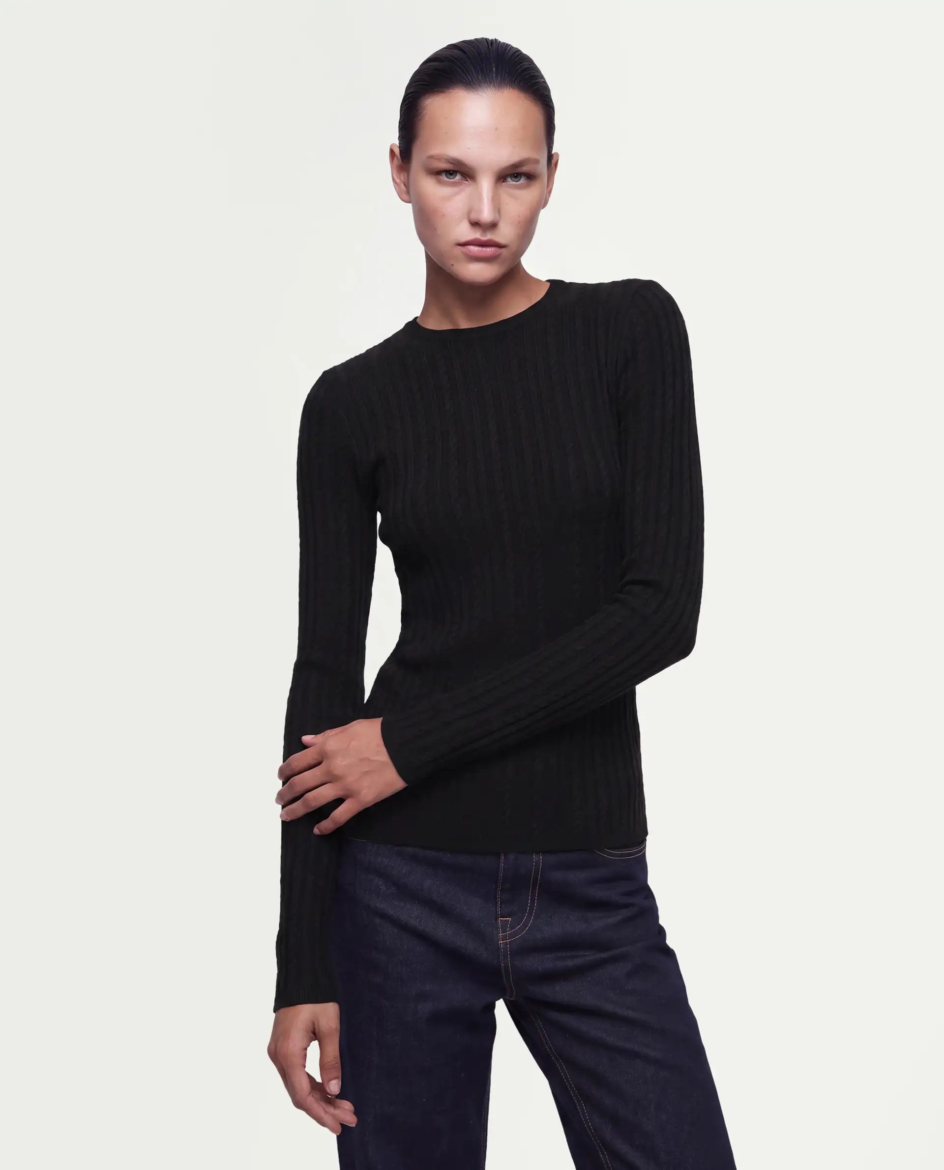 Rareism Women's Los Black Viscose Blend Crew Neck Slim Plain Top