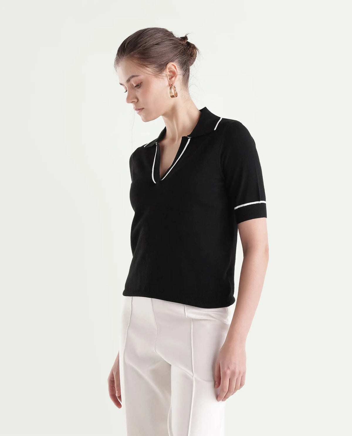 Rareism Women's Lolo Black Viscose Blend Spread Collar Regular Plain Polo