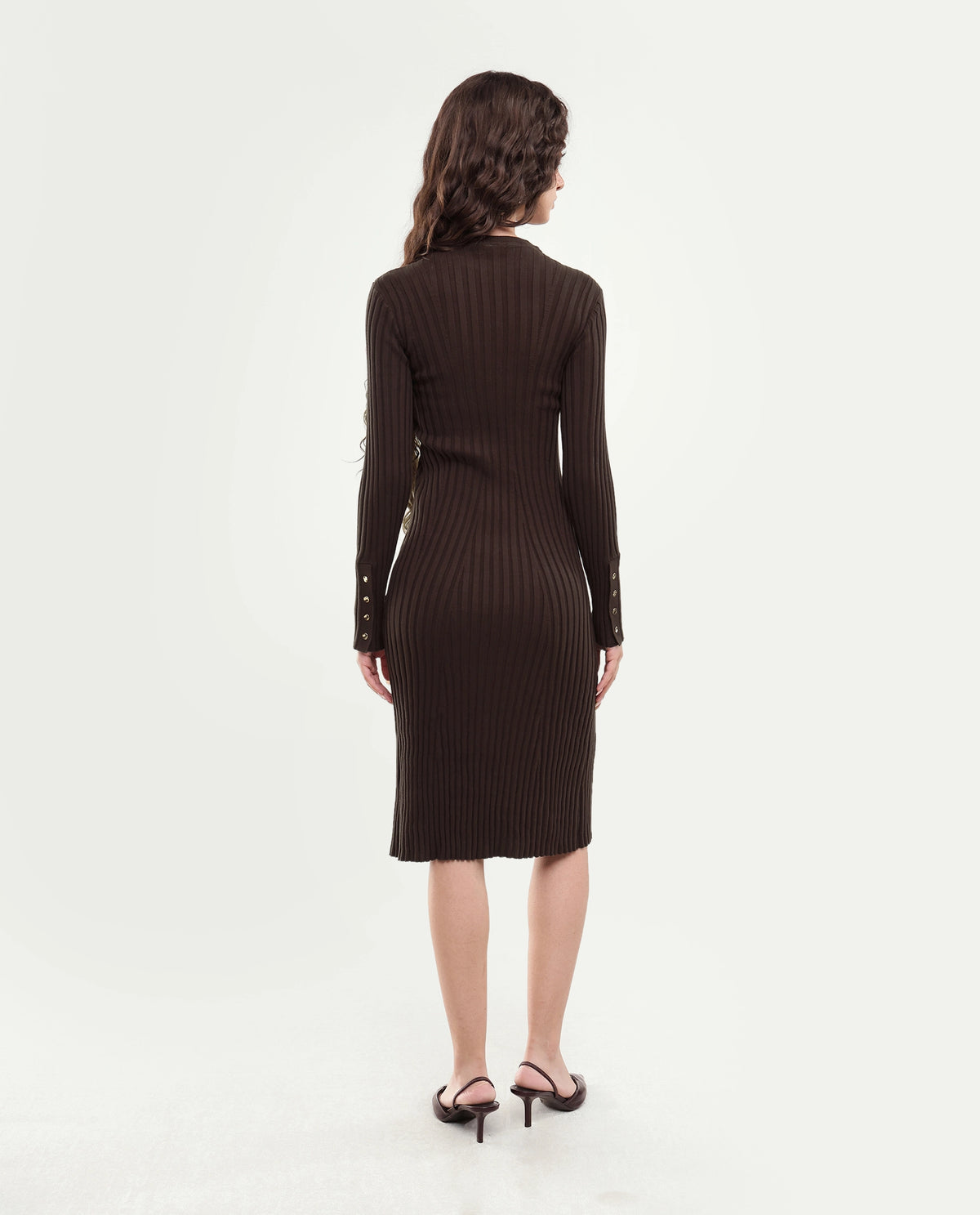 Rareism Women's Locos Dark Brown Cotton Crew Neck Slim Plain Dress