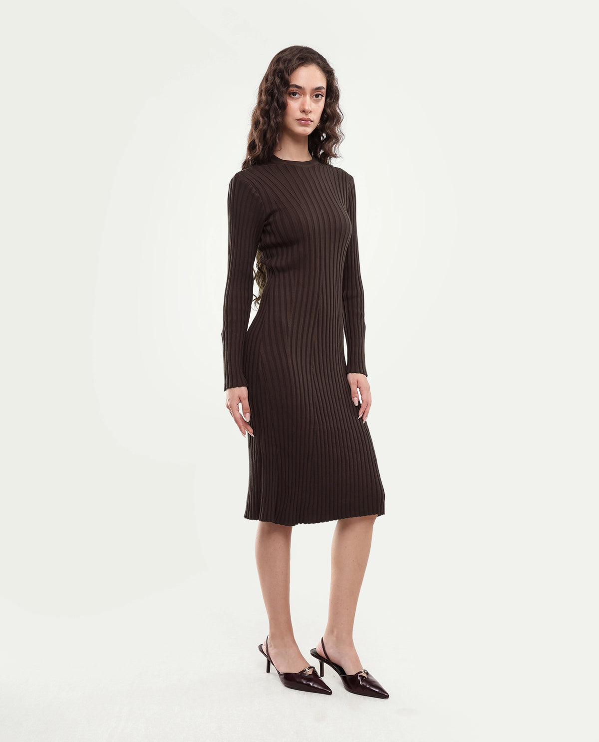 Rareism Women's Locos Dark Brown Cotton Crew Neck Slim Plain Dress