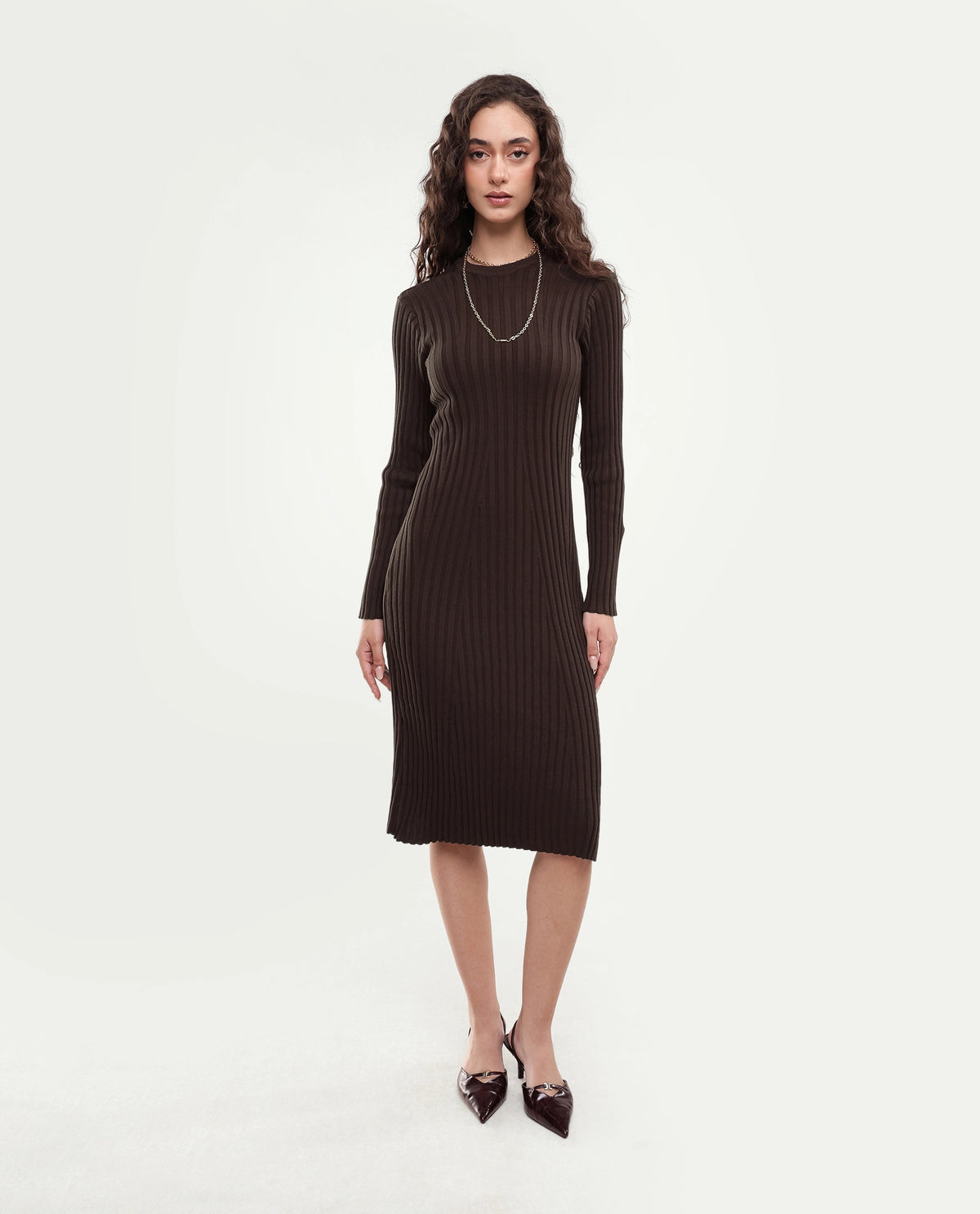 Rareism Women's Locos Dark Brown Cotton Crew Neck Slim Plain Dress