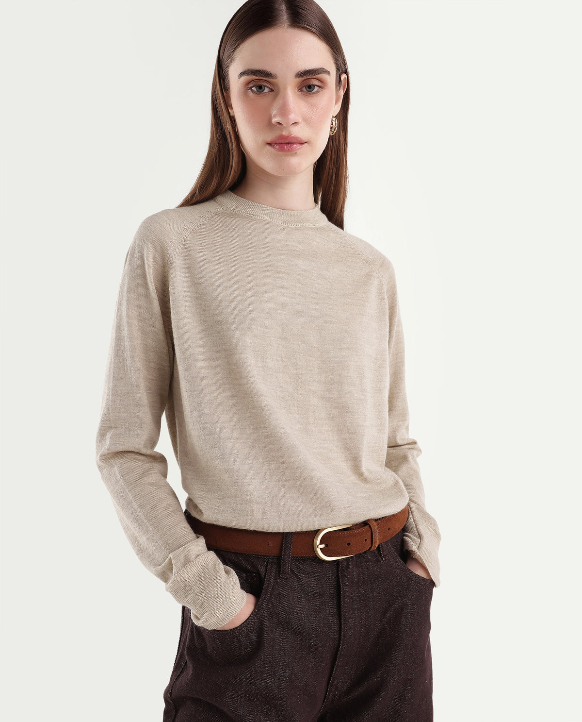 Rareism Women's Lerin Light Beige Wool Pull-On Relaxed Fit Plain Sweater - image 1