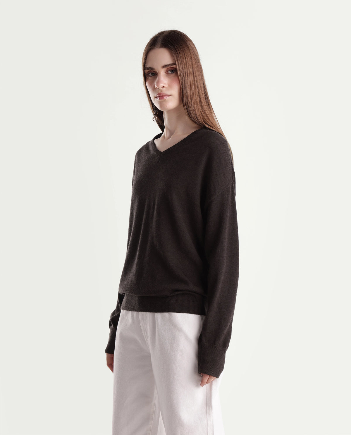 Rareism Women's Lerino Dark Brown Wool V-Neck Relaxed Plain Sweater - image 5