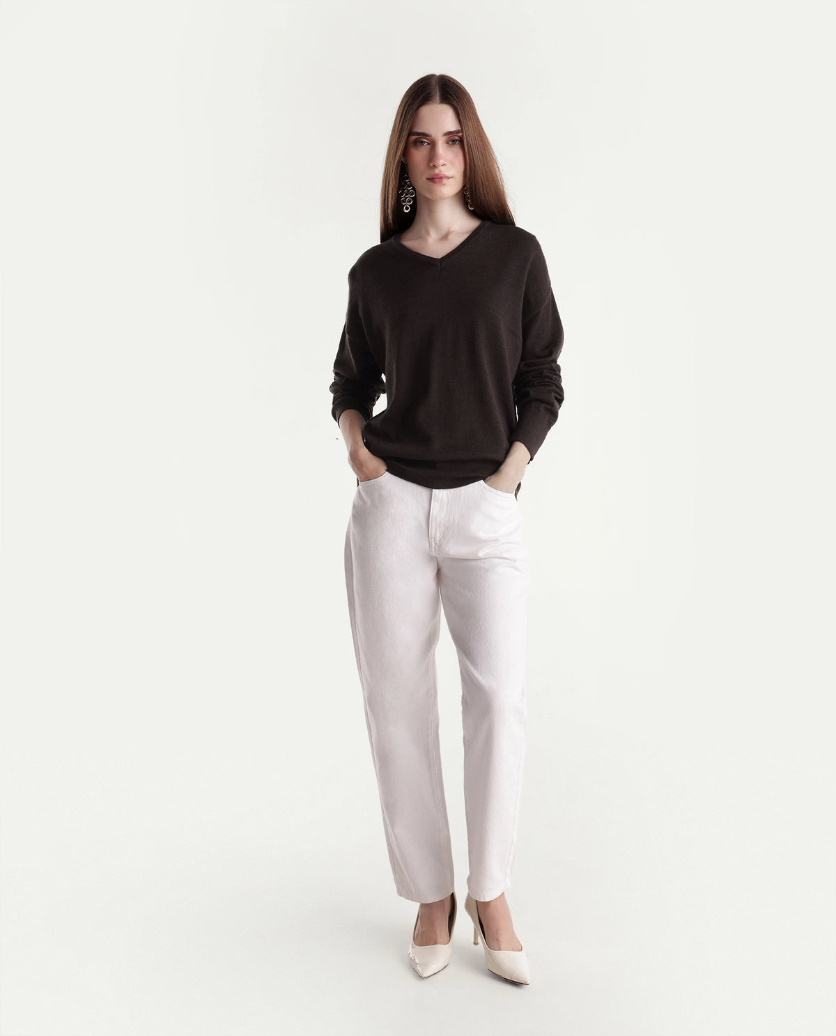 Rareism Women's Lerino Dark Brown Wool V-Neck Relaxed Plain Sweater - image 2