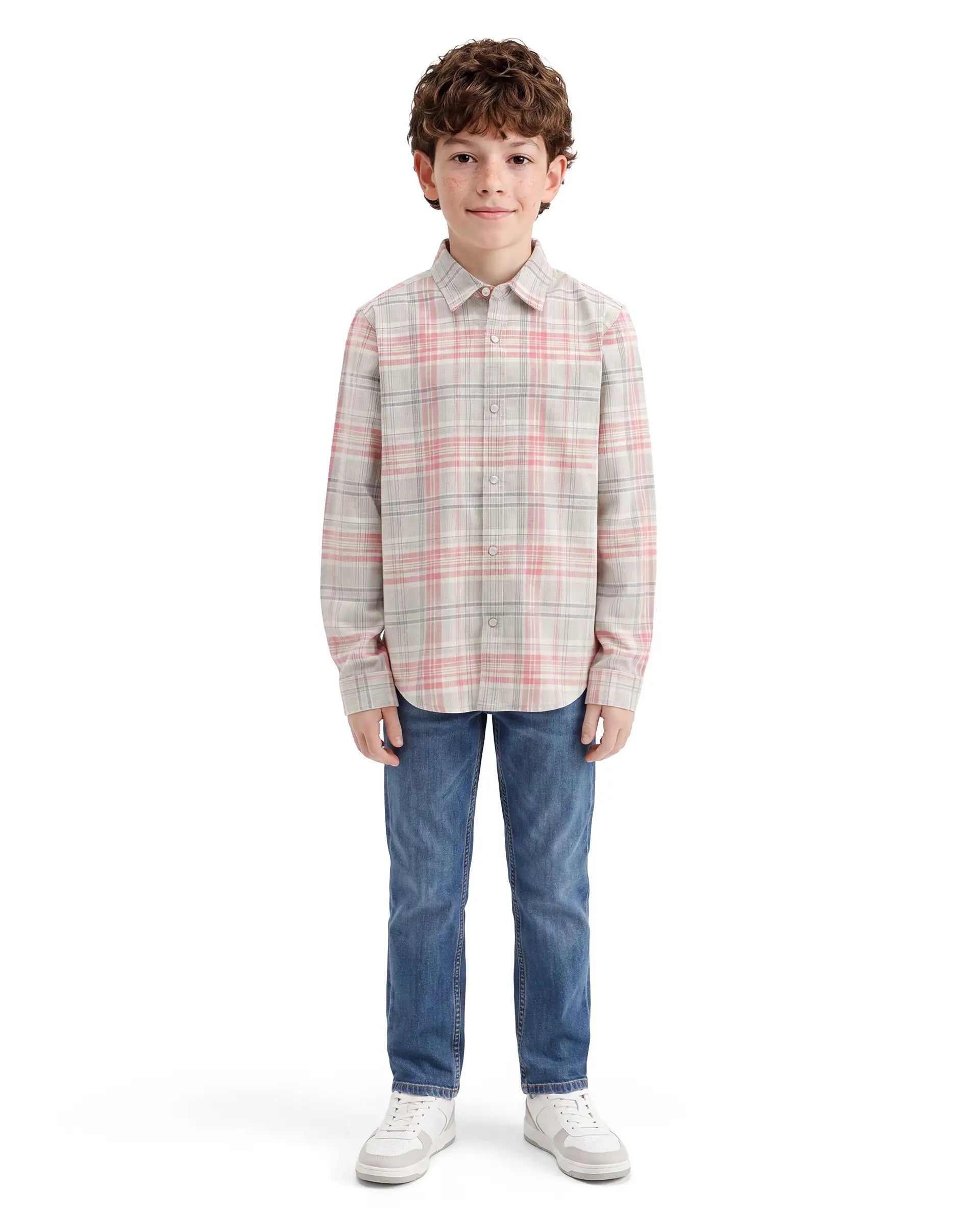 Rare Ones Kids Tom Light Red Cotton Fabric Button Closure Relaxed Fit Checked Shirt