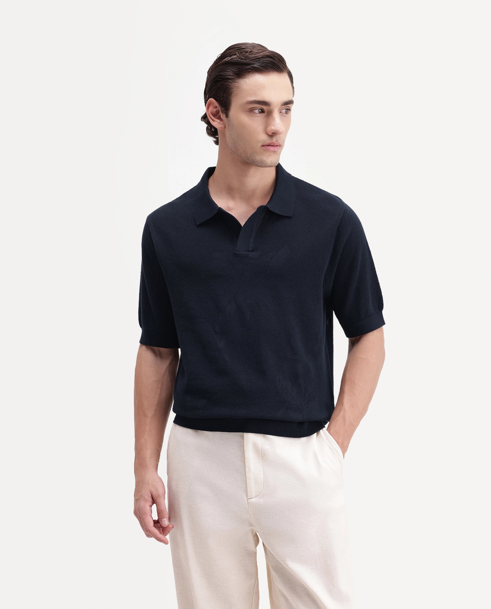 Rare Rabbit Men's Alfie Navy Cotton Regular Fit Textured Polo