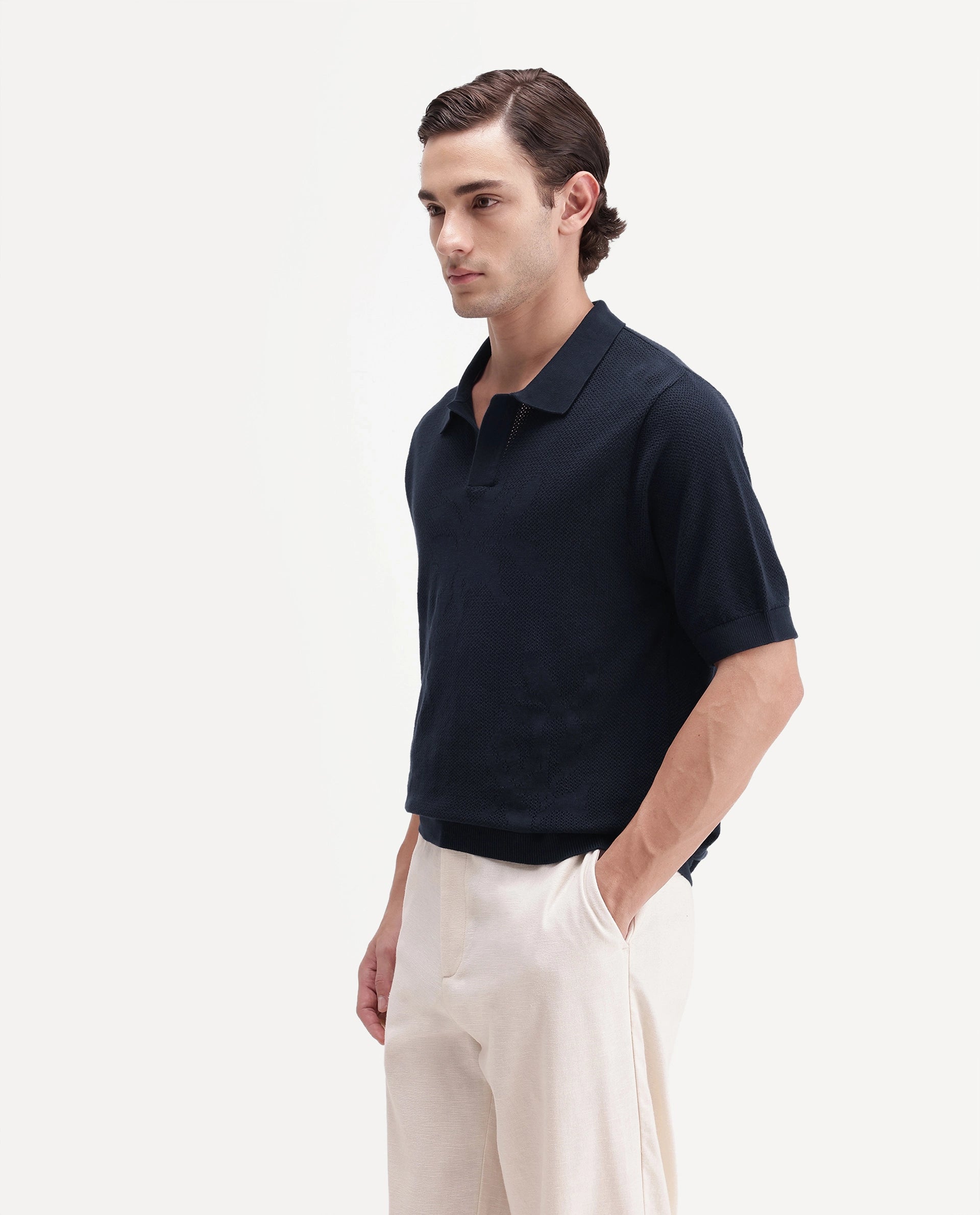 Rare Rabbit Men's Alfie Navy Cotton Regular Fit Textured Polo