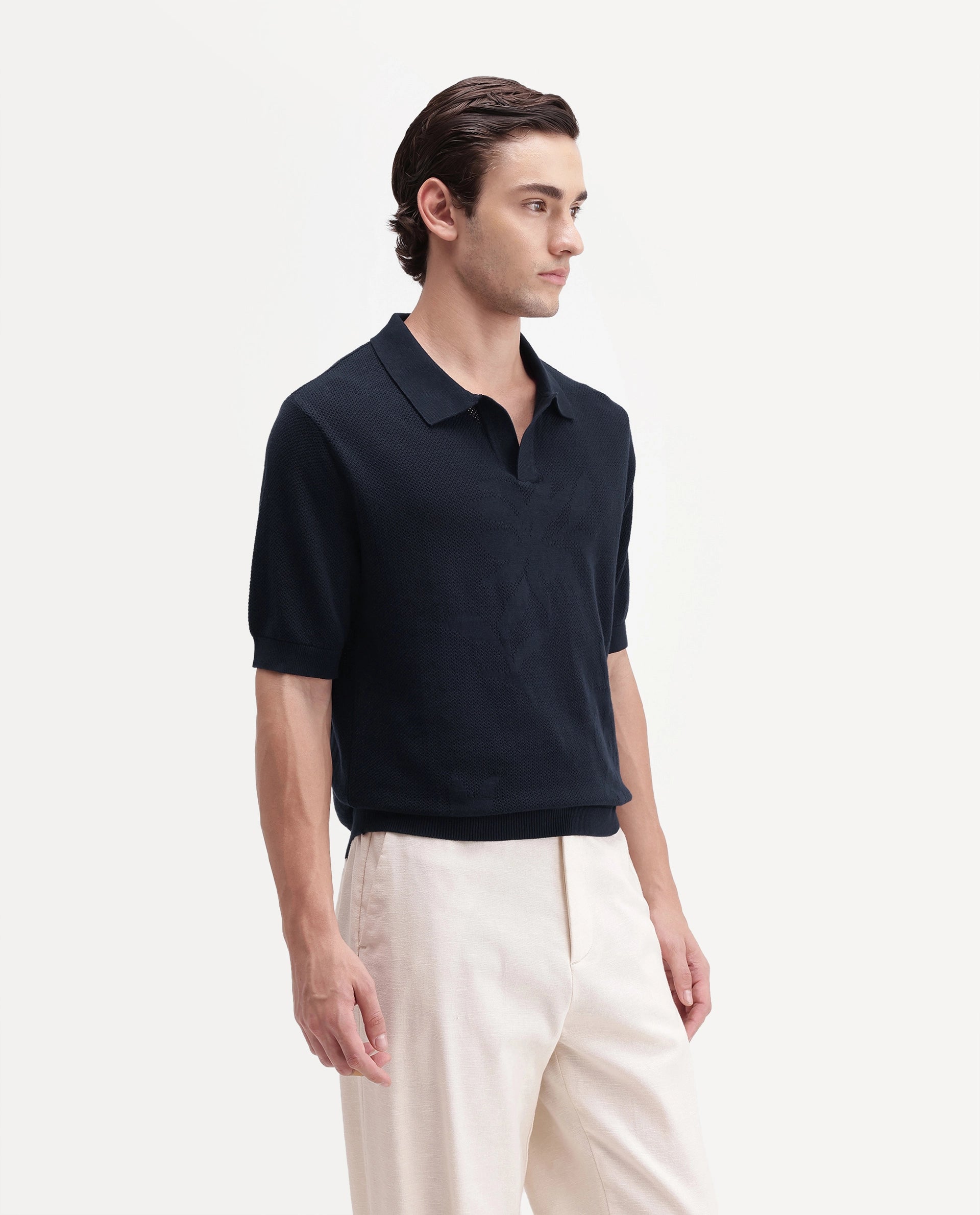 Rare Rabbit Men's Alfie Navy Cotton Regular Fit Textured Polo