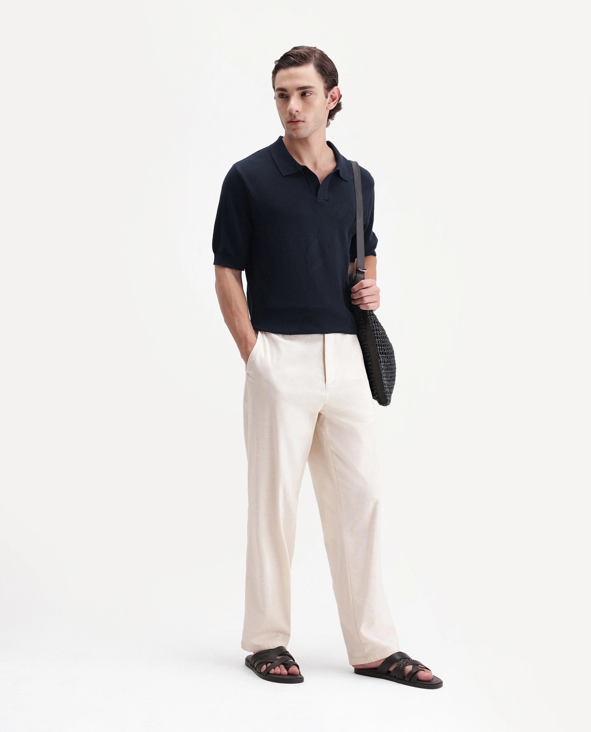 Rare Rabbit Men's Alfie Navy Cotton Regular Fit Textured Polo