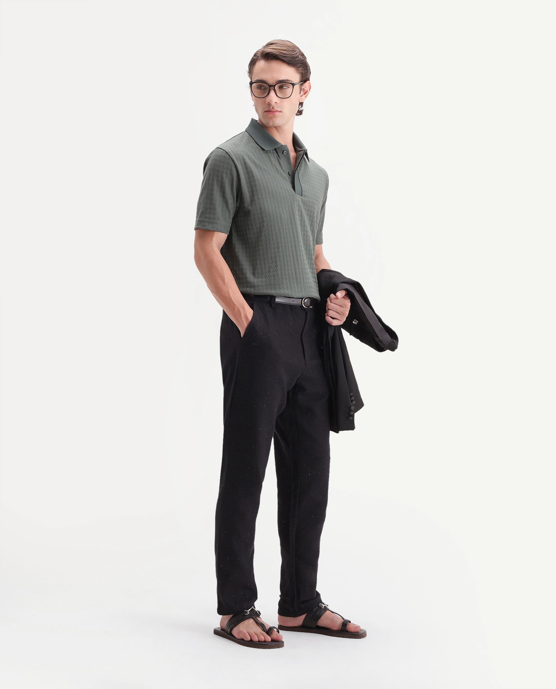 Rare Rabbit Men's Cira-B Navy Cotton Blend Button And Zip Regular Fit Plain Trouser