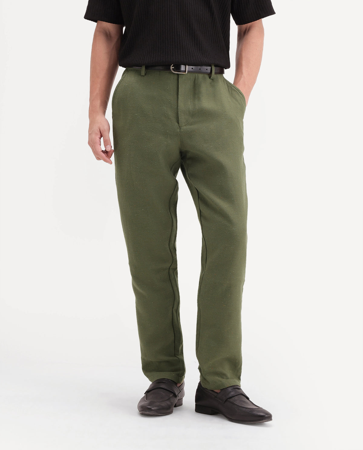 Rare Rabbit Men's Cira-B Dark Green Cotton Blend Button And Zip Regular Fit Plain Trouser