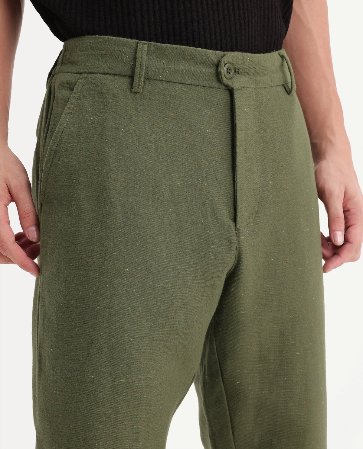 Rare Rabbit Men's Cira-B Dark Green Cotton Blend Button And Zip Regular Fit Plain Trouser