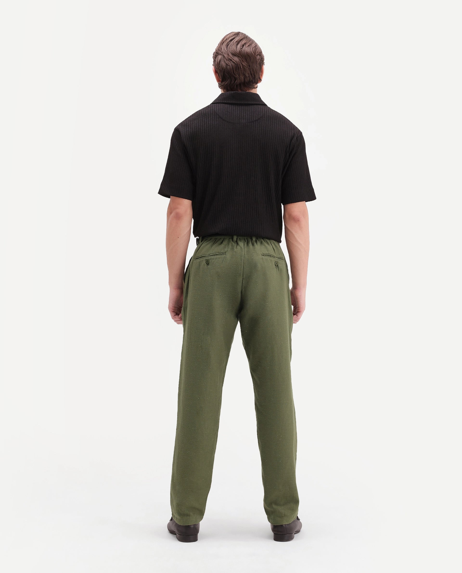 Rare Rabbit Men's Cira-B Dark Green Cotton Blend Button And Zip Regular Fit Plain Trouser