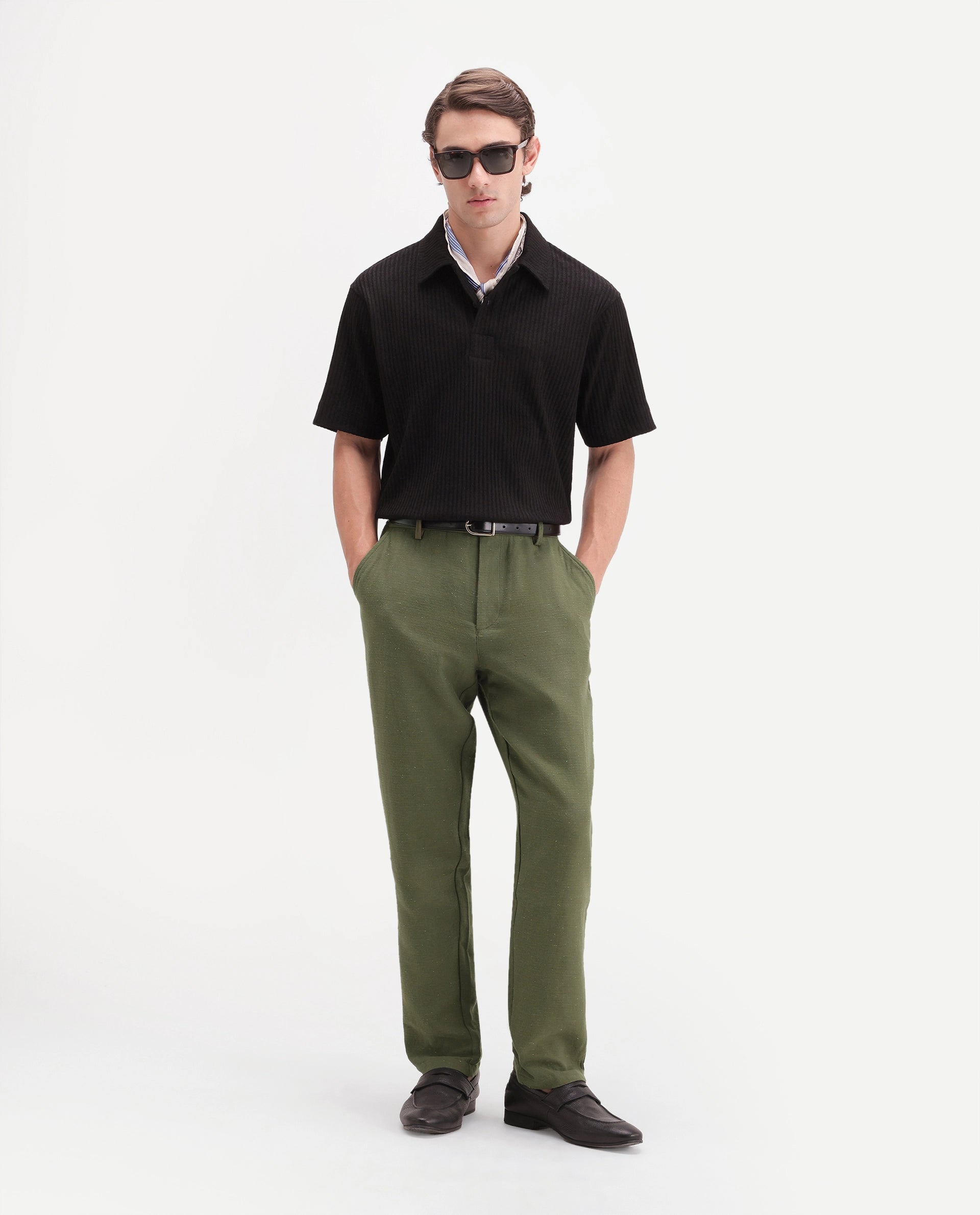 Rare Rabbit Men's Cira-B Dark Green Cotton Blend Button And Zip Regular Fit Plain Trouser