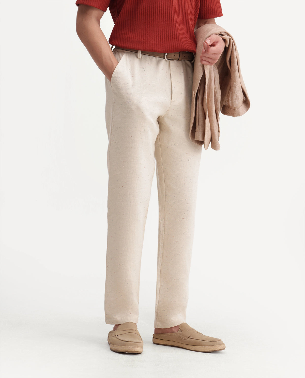Rare Rabbit Men's Cira-B Beige Cotton Blend Button And Zip Regular Fit Plain Trouser