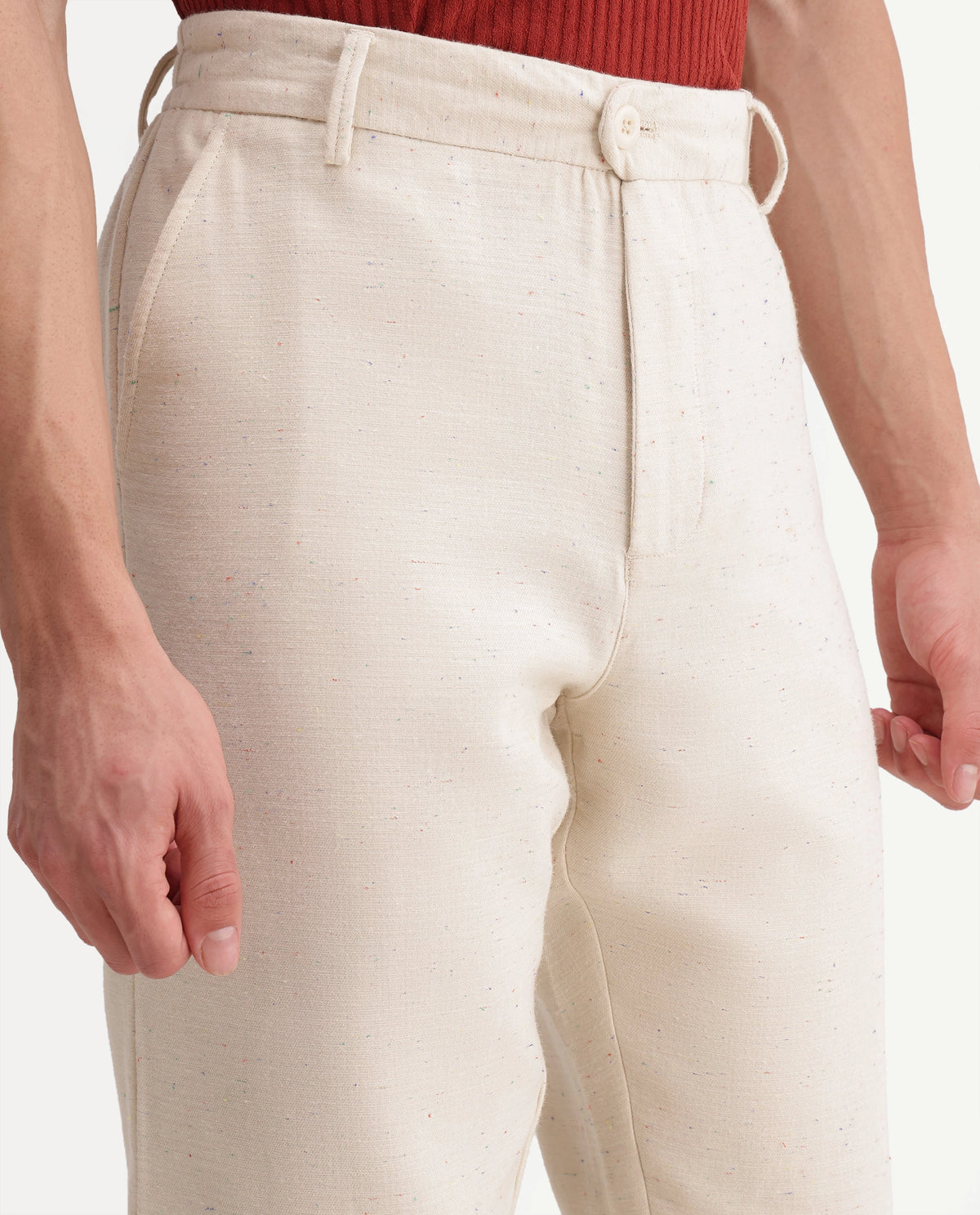 Rare Rabbit Men's Cira-B Beige Cotton Blend Button And Zip Regular Fit Plain Trouser