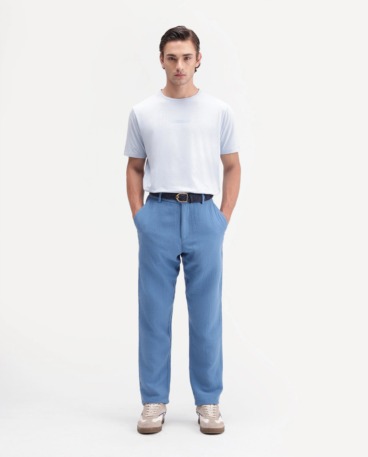 Rare Rabbit Men's Cira-B Blue Cotton Blend Button And Zip Regular Fit Plain Trouser