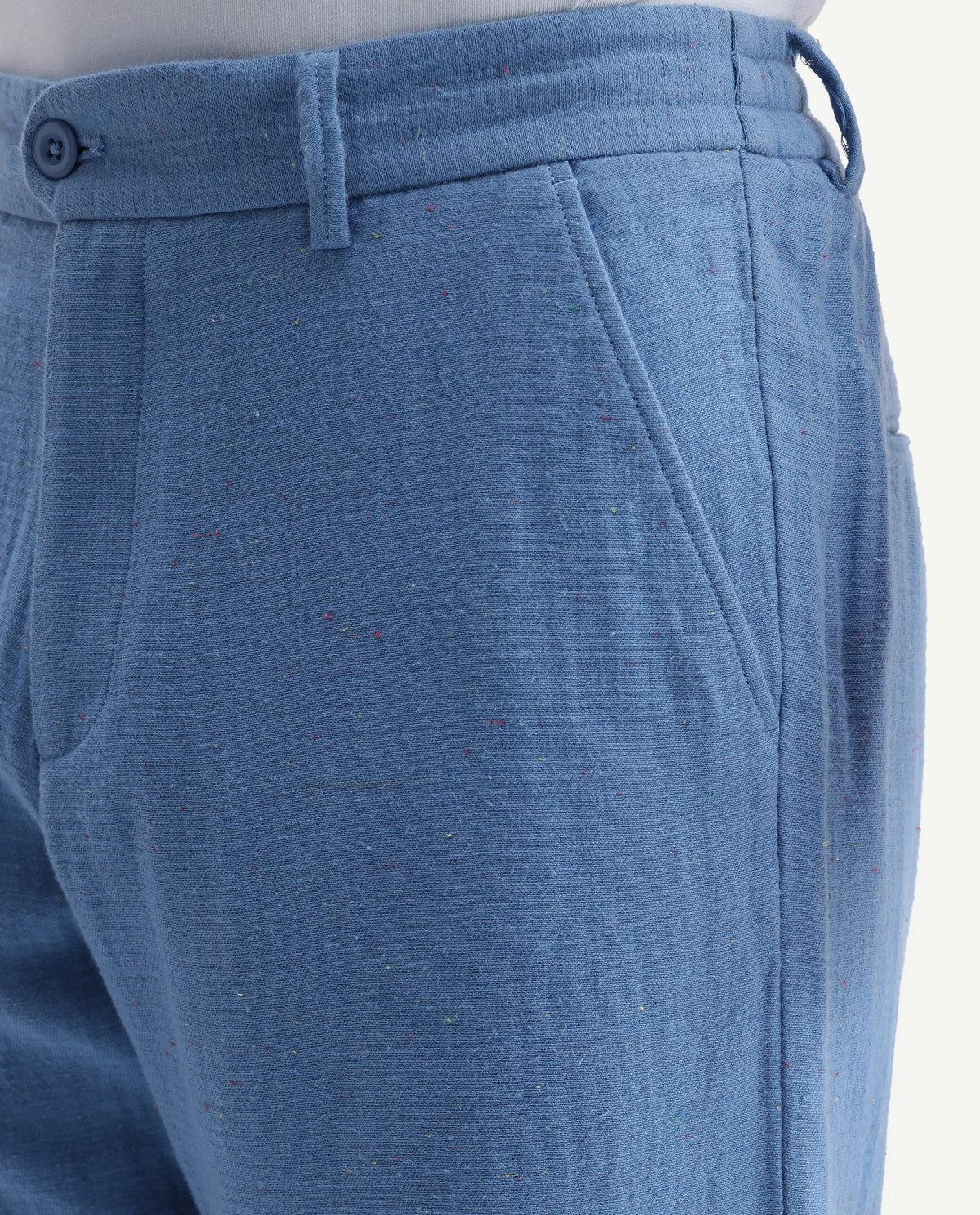 Rare Rabbit Men's Cira-B Blue Cotton Blend Button And Zip Regular Fit Plain Trouser
