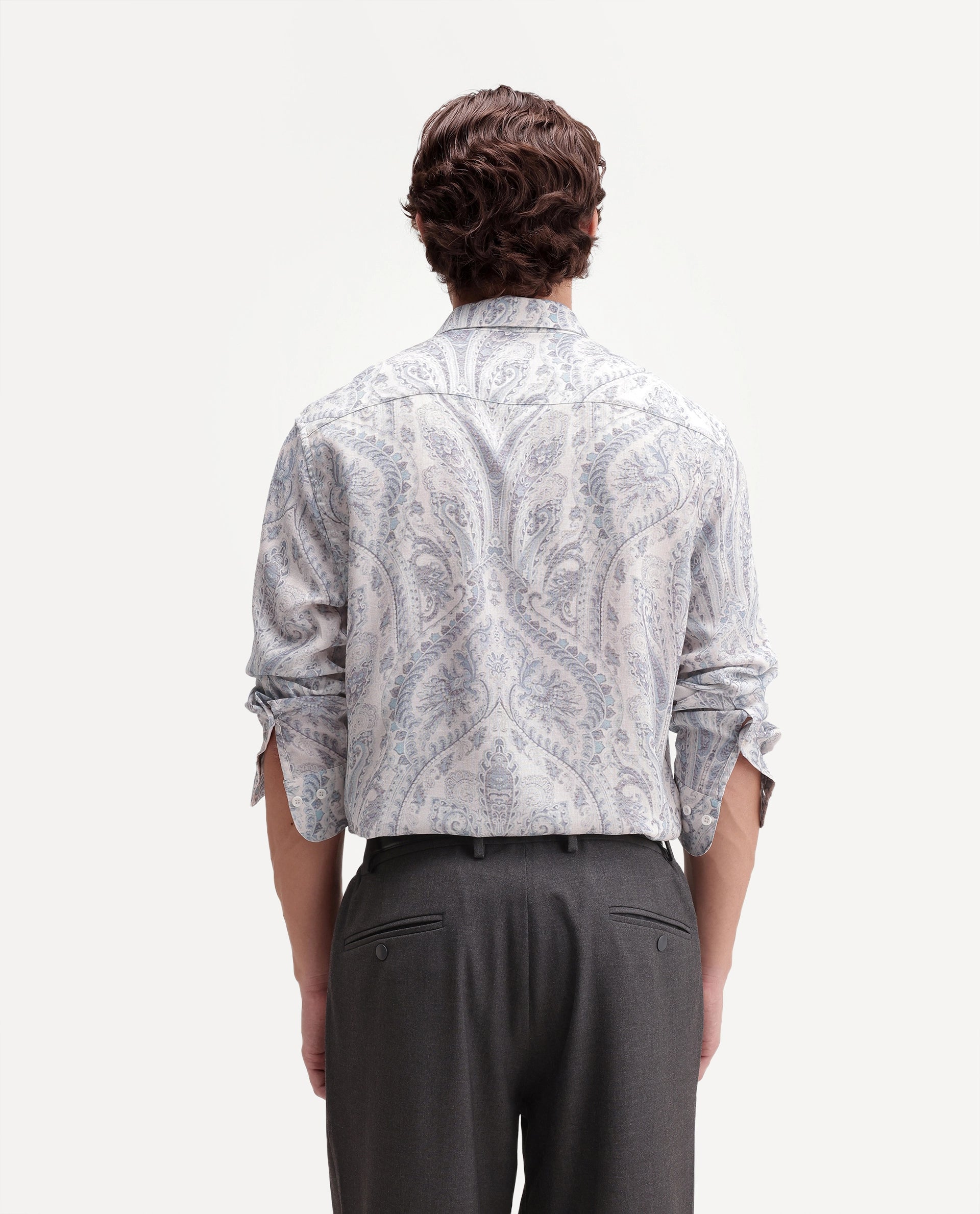 Rare Rabbit Men's Lots White Linen Blend Button Regular Fit Paisley Print Shirt