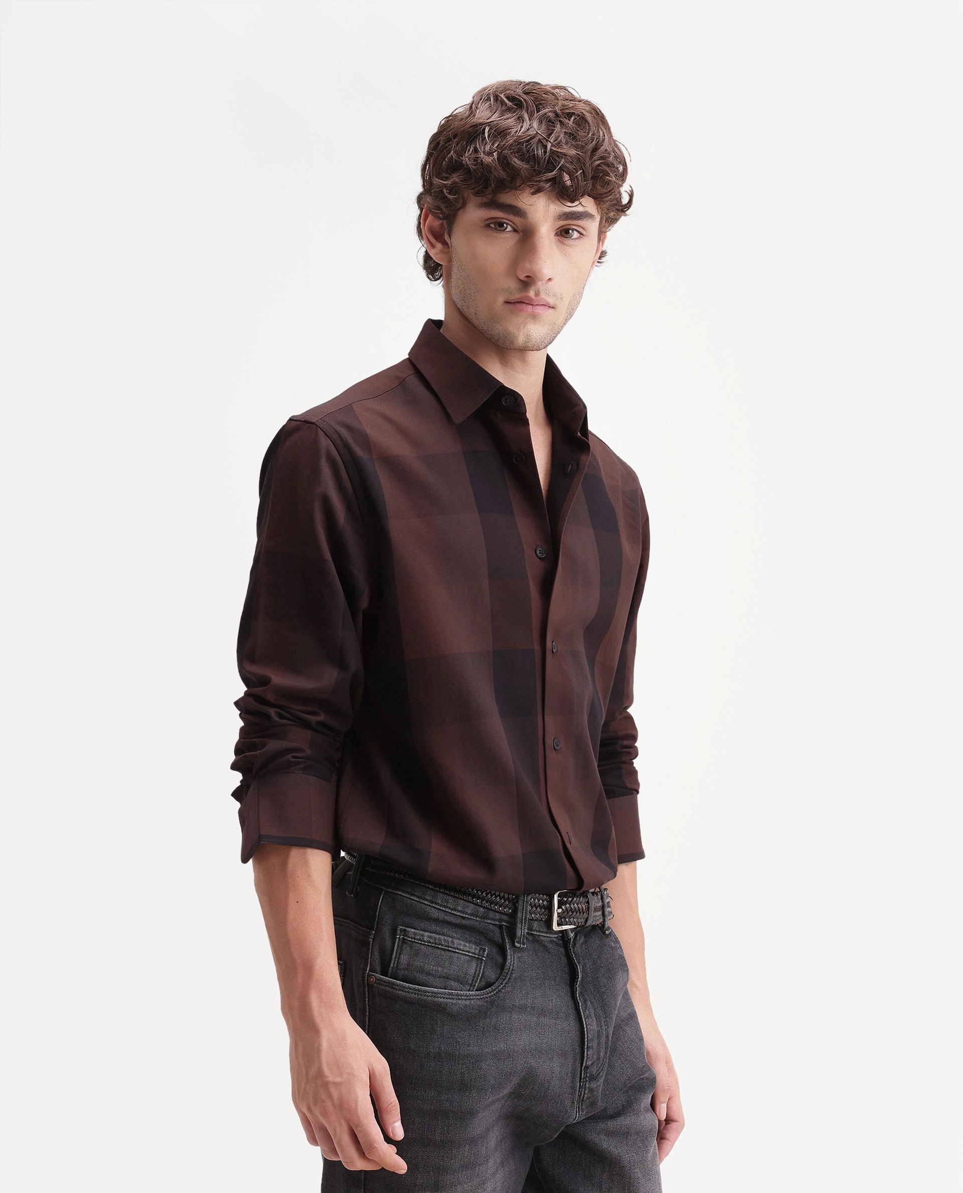 Rare Rabbit Men's Stag Maroon Cotton Button Regular Fit Checks Shirt