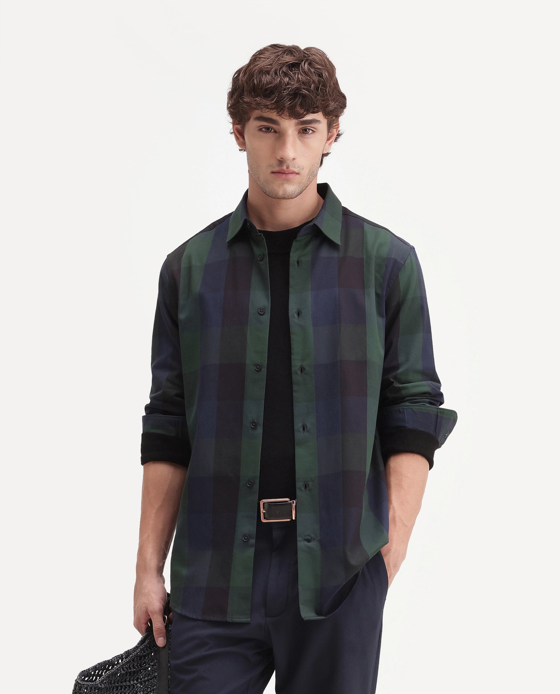 Rare Rabbit Men's Stag Green Cotton Button Regular Fit Checks Shirt