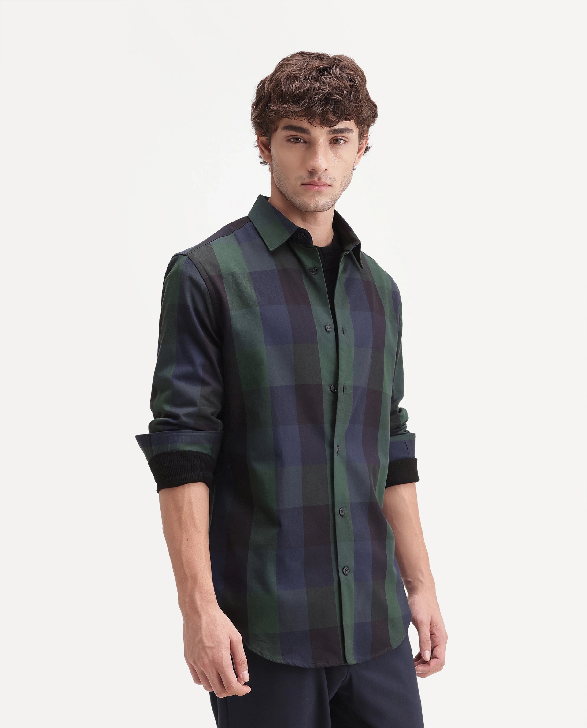 Rare Rabbit Men's Stag Green Cotton Button Regular Fit Checks Shirt