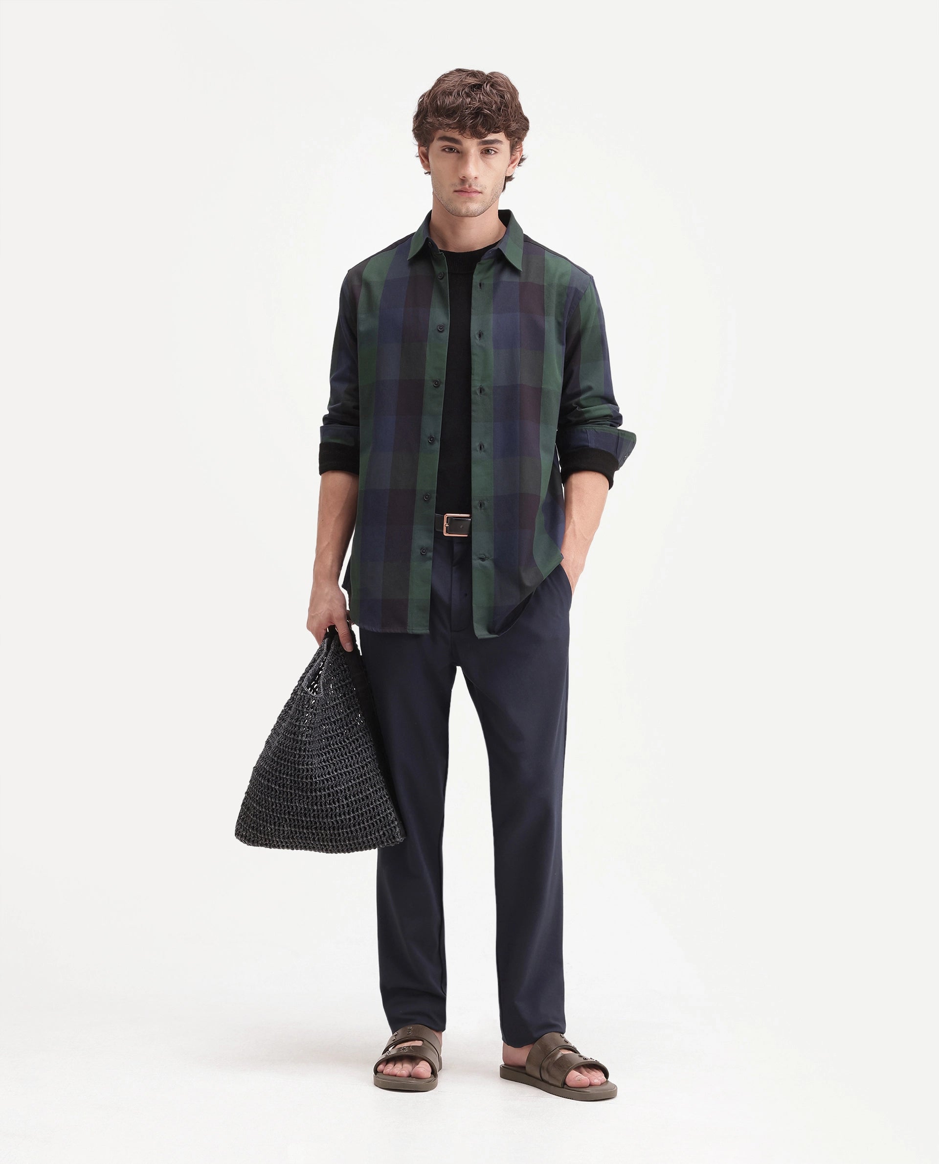 Rare Rabbit Men's Stag Green Cotton Button Regular Fit Checks Shirt